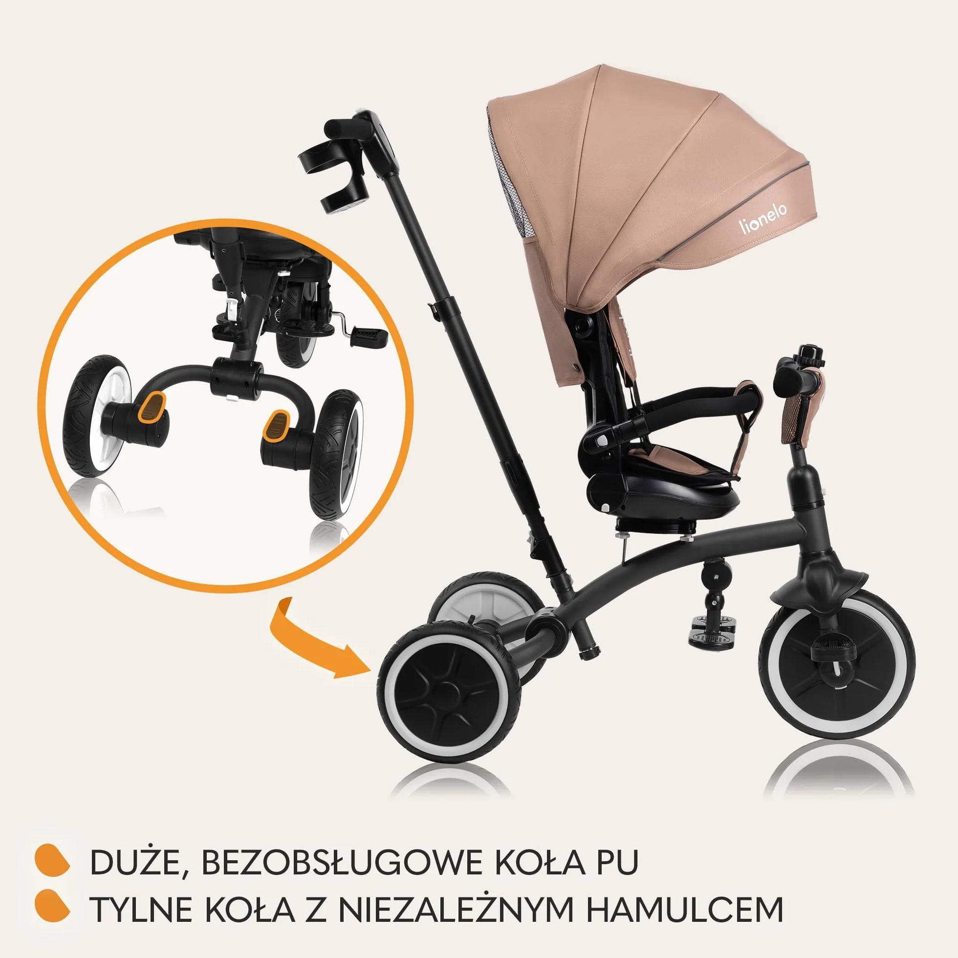 LIONELO Tris Plus Wielofunkcyjny Rowerek Trójkołowy od 9 miesięcy do 5 lat do 25 kg, Wózek Dziecięcy, Duże Koła PU Obrotowe Siedzisko 360° Regulacja Oparcia Montaż bez Narzędzi (Beżowy)