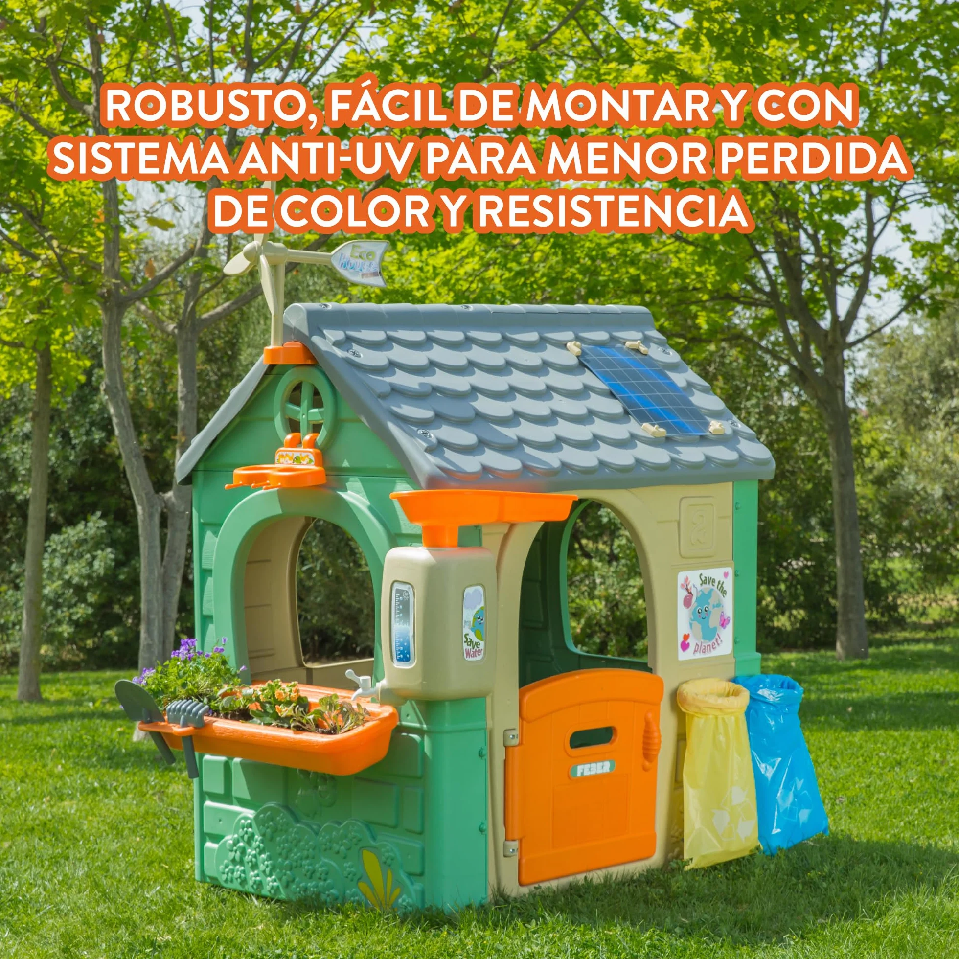 FEBER - Recycle Eco House, domek dziecięcy wykonany z tworzywa sztucznego z recyklingu, drzwi składane, jasne i odporne na światło słoneczne kolory, łatwy montaż, od 3 lat, słynny (FEH26000)