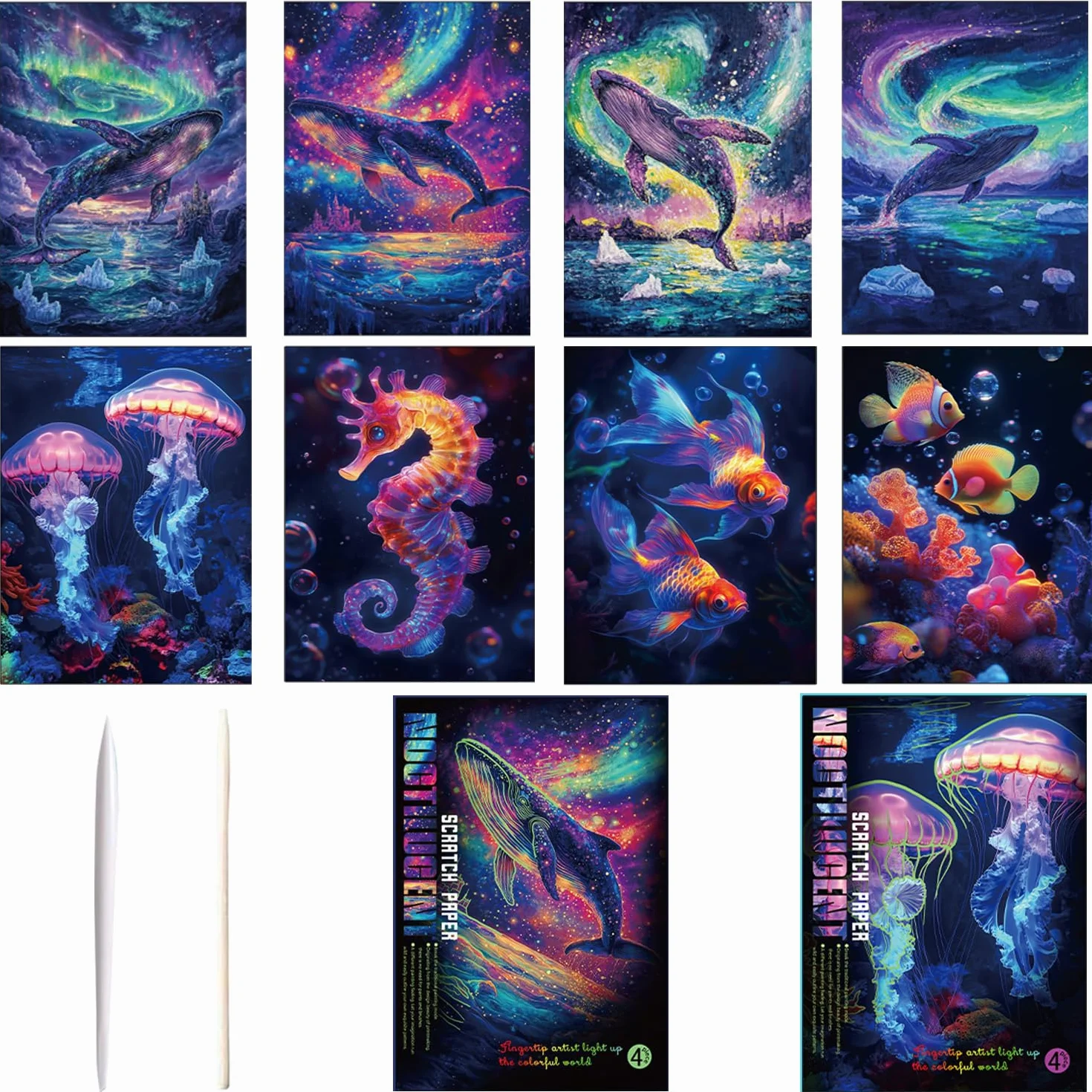 Georgie Porgy Zestaw obrazów do zdrapywania, DIY, dla dzieci i dorosłych, Magic Rainbow A4, papier do zdrapywania, na Boże Narodzenie, prezent urodzinowy, z zestawem narzędzi do zdrapywania, świecące