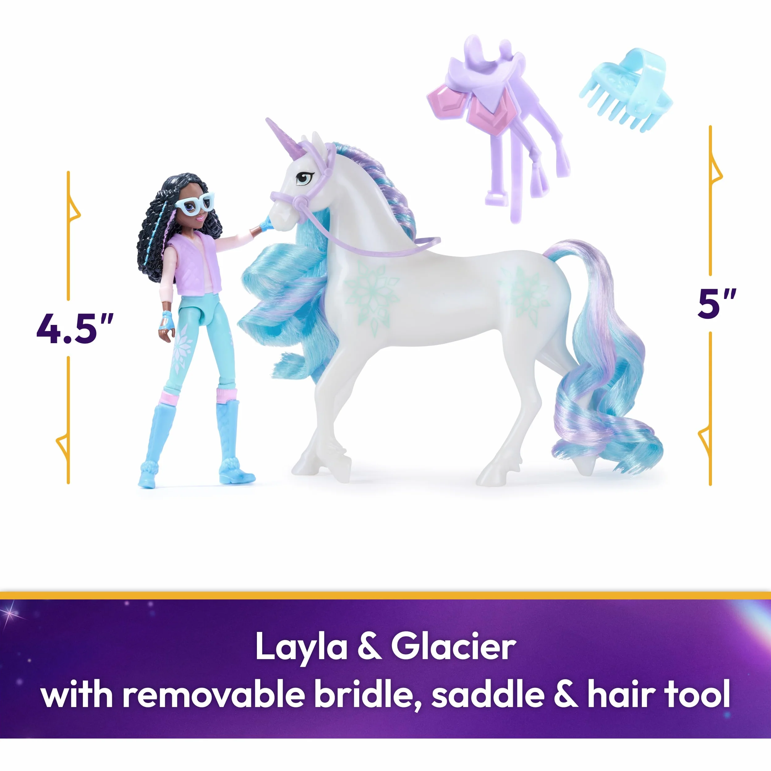 Unicorn Academy - The School of Unicorns - Glacier Unicorn + Lalka Layla - Jednorożec, lalka i akcesoria do kolekcjonowania - Zabawki inspirowane serią Unicorns School - Zabawka dla dzieci od 4 lat