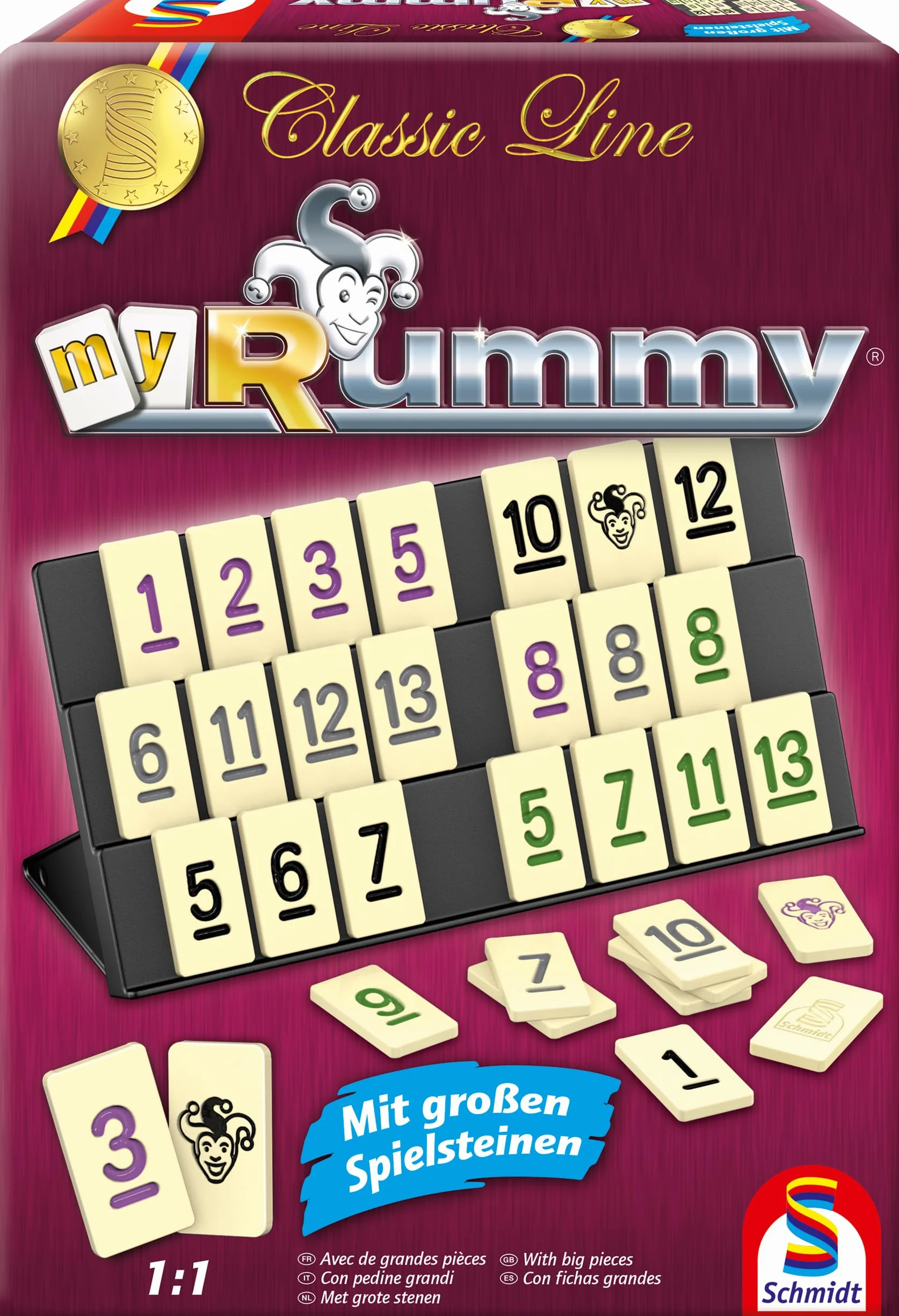 Schmidt Spiele MyRummy Classic Line, gra z dużymi kamieniami, metalowa puszka