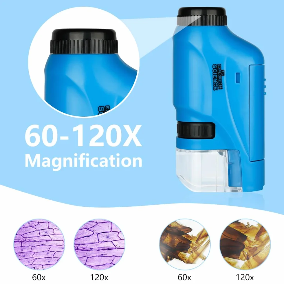 OSDUE Mikroskop Kieszonkowy dla Dzieci, Przenośny 60x-120x Mini Zoom z Podświetleniem LED, Zabawka Edukacyjna, Prezent dla Uczniów i Przedszkolaków