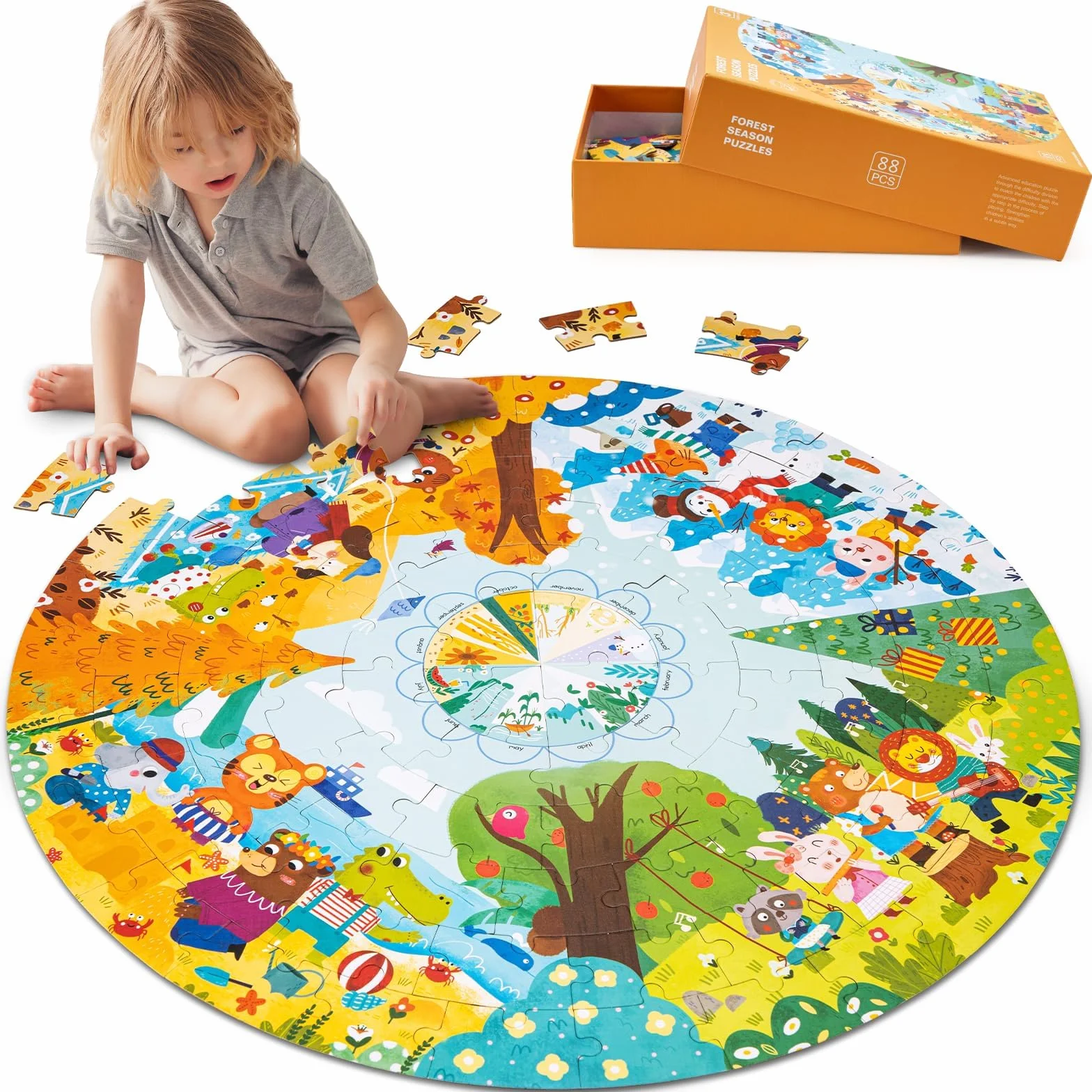 Puzzle Podłogowe, 88 Kawałek Puzzle Cztery Pory Roku Leśne Zwierzęta, Puzzle dla Dzieci w Wieku od 3-letnim i Wyższym Kartonowe, Puzzle Podlogowe Prezenty Urodzinowe dla Dzieci