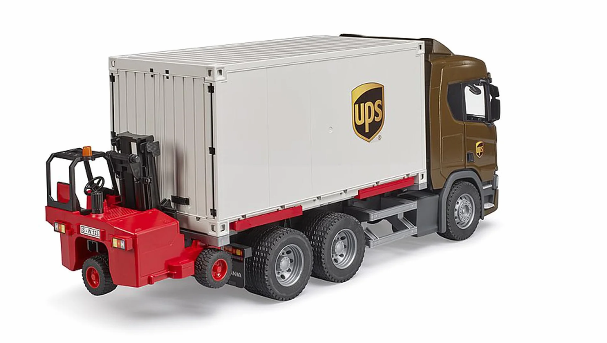 bruder 03582 - Ci|arówka logistyczna Scania Super 560R UPS z zamontowanym wózkiem widBowym, pojazdy, dostawa paczek, transport, wózek widBowy, transporter, zabawki od 4 lat