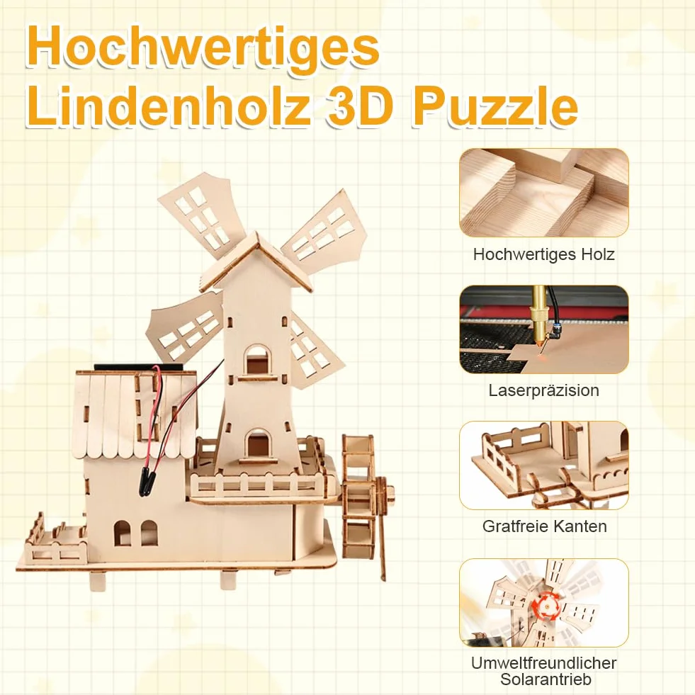 3D puzzle drewniane Dom z wiatrakami solarnymi - zestaw do majsterkowania DIY dla dorosłych - zestaw budowy modelu z obracającą się turbiną wiatrową zasilaną energią słoneczną | W tym