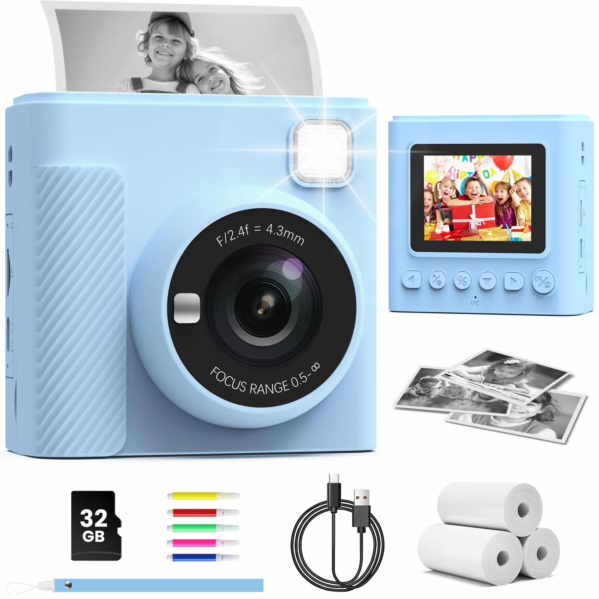 TIATUA aparat błyskawiczny dla dzieci, 2.4'' Aparat Natychmiastowy dla Dzieci z Kartą 32 GB & Papierem do Drukowania, 1080P Cyfrowa Kamera Zabawka, Prezenty na Święta i Urodziny dla Chłopców 3-12 Lat