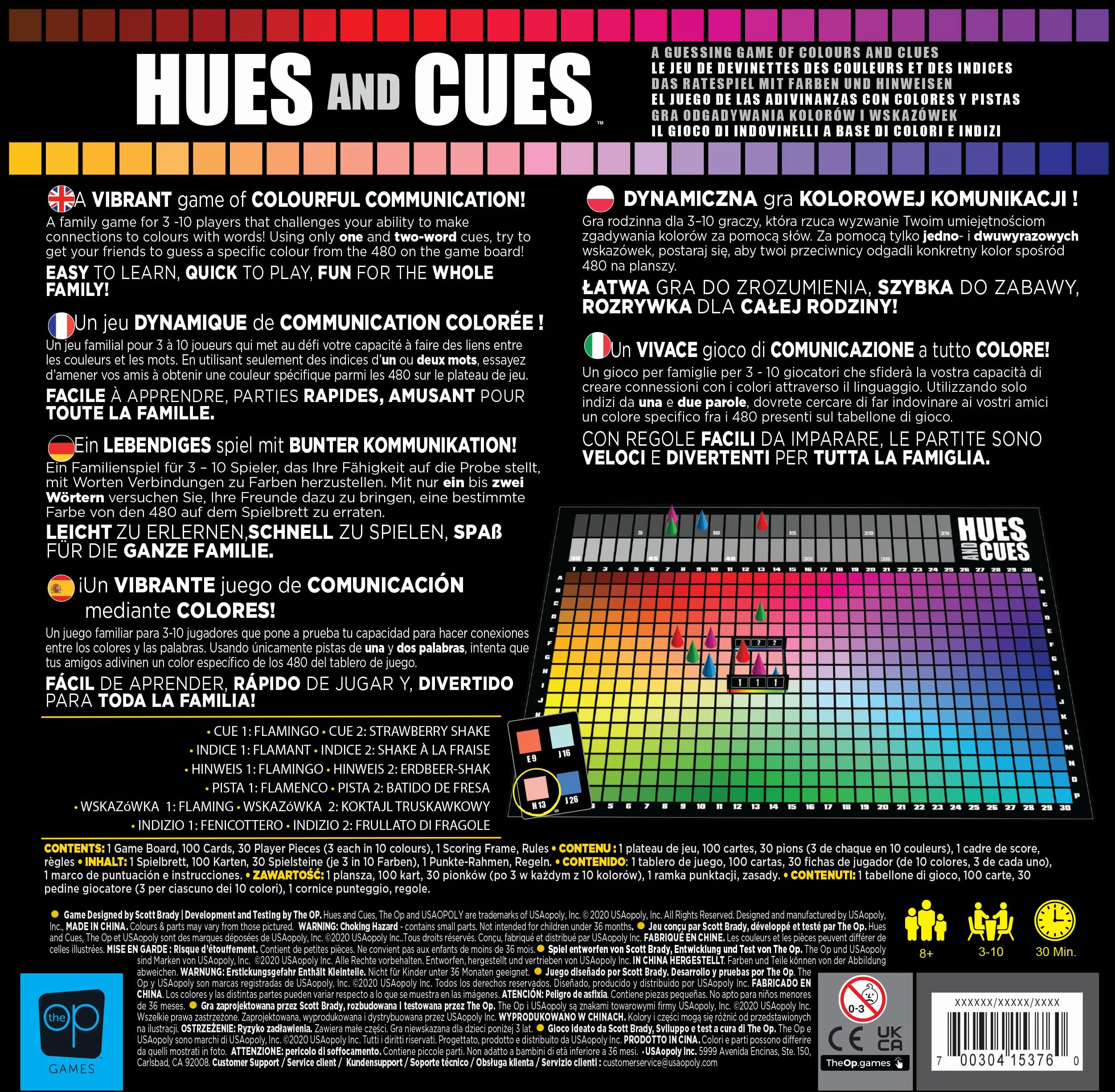 The OP Usaopoly | Hues and Cues Gra Planszowa Wielojęzyczna dla Całej Rodziny | Gra Imprezowa dla 3-10 Graczy | Żywe Zgadywanie Kolorów | Łącz Wskazówki z 480 Kolorowych Kwadratów