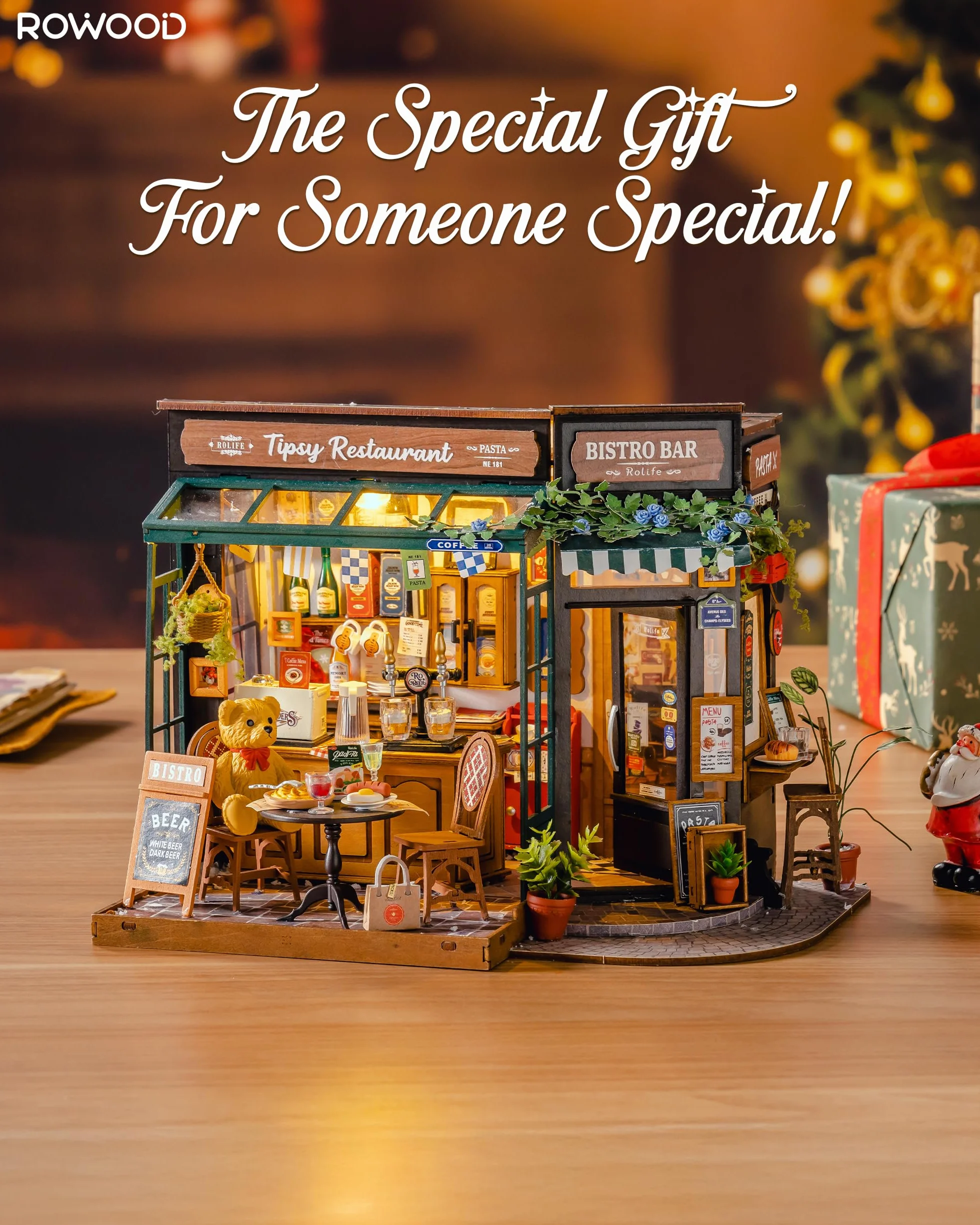 ROWOOD Zestaw domku dla lalek, Tipsy Restaurant, DIY miniaturowy dom rzemieślniczy pokój budowlany, drewniane zestawy modeli z akcesoriami dla dorosłych i nastolatków do budowania, wyjątkowy prezent