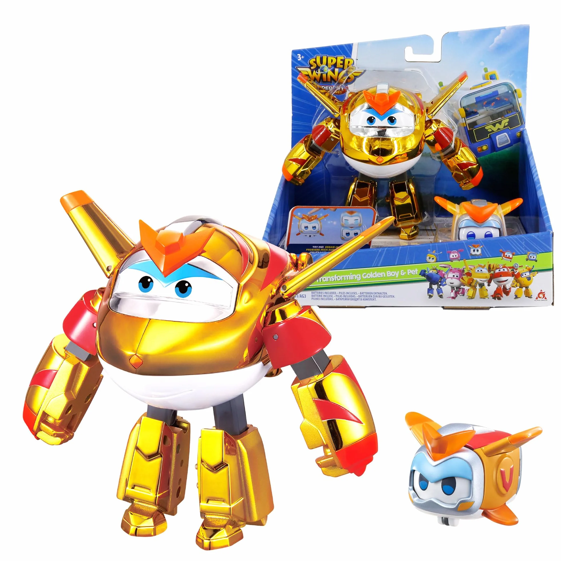 Super Wings EU770441 - Transforming Golden Boy & Pet, transformująca figurka zabawki, około 12 cm, ze zwierzęciem domowym około 4,3 cm, dla dzieci od 3 lat