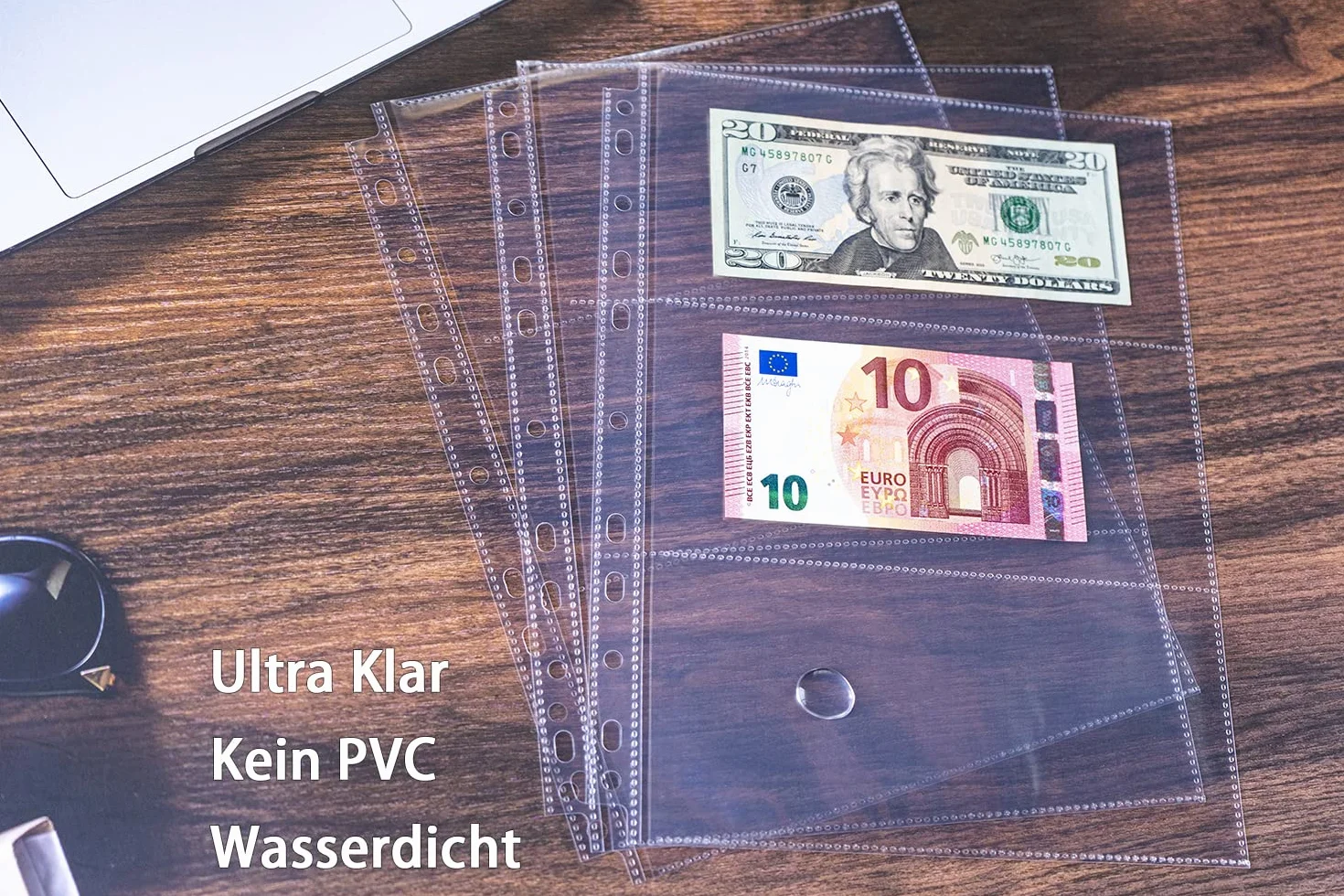 Opakowanie 30 etui na banknoty z 180 kieszeniami z 11 otworami, strona uzupełniająca do albumu do odbioru gotówki, dwustronne arkusze walut z 3 kieszeniami do odbioru euro, papierowe pieniądze