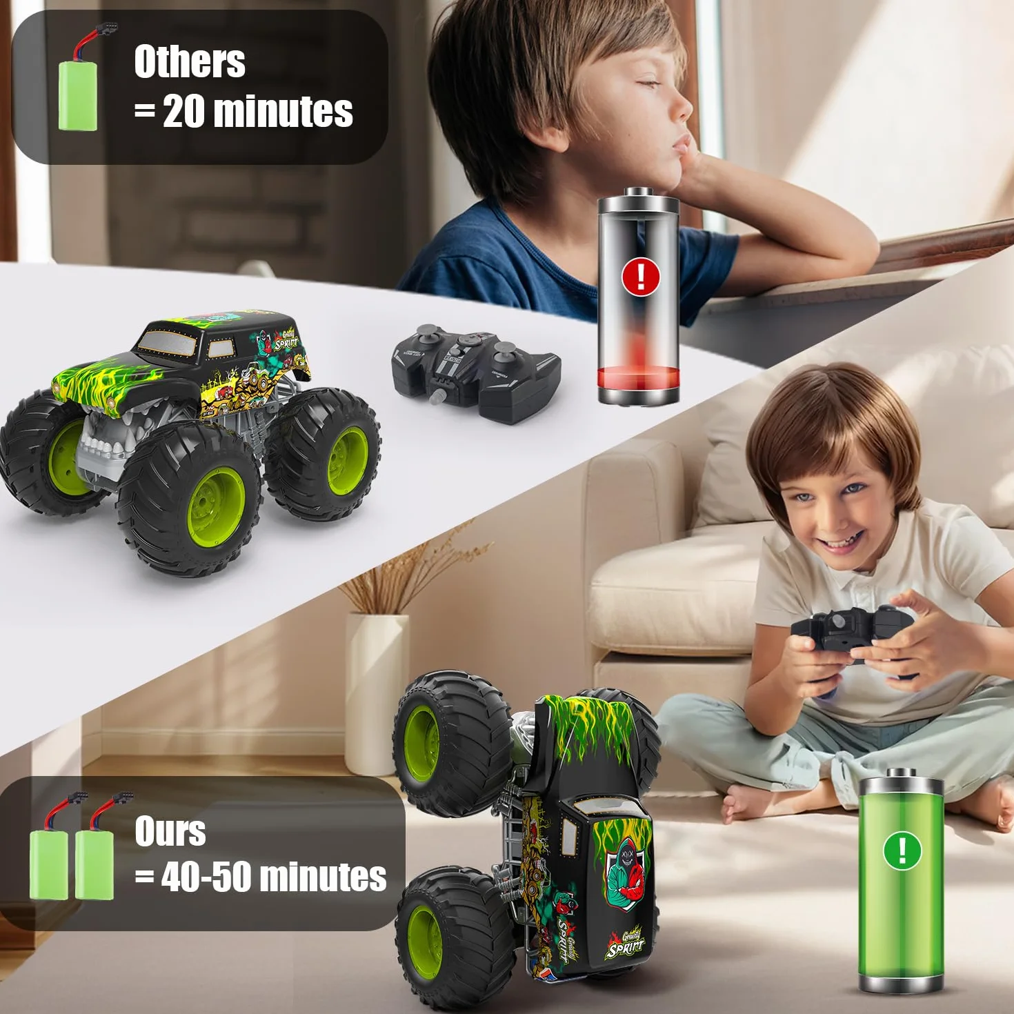 Zdalnie Sterowany Monster Truck 1:16, 2,4 GHz dla Dzieci od 4 Lat - Amfibia z Światła, Robi Wheelie, Staje Dęba, Obroty 360° - Auto RC dla Chłopców i Dziewczynek