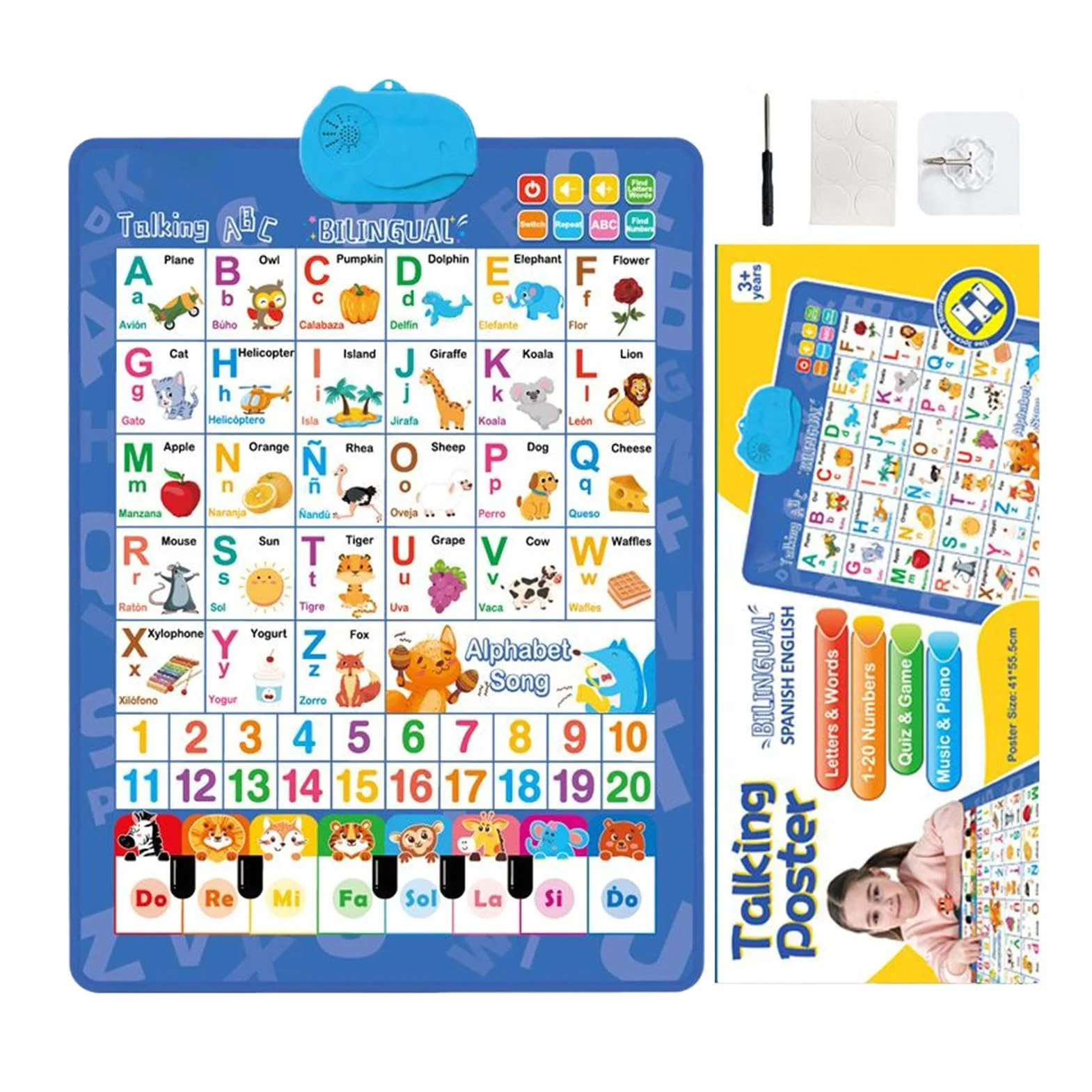 Alphabet Wall Chart, Talking Bilingual Interactive Poster, Spanish and English Music Learning Toy for Kids Ages 3-8, Classroom, Preschool, Language Development