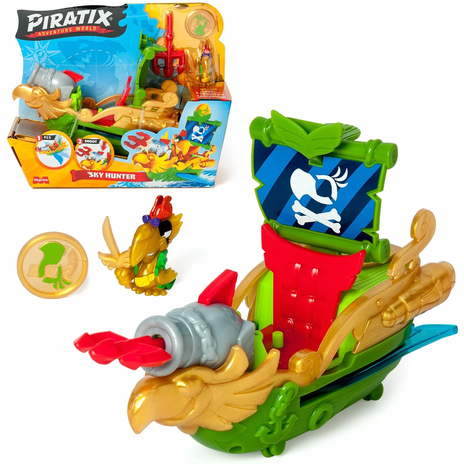 PIRATIX ADVENTURE WORLD Łódź piracka w kształcie papugi, w zestawie 1 statek piracki, 1 ekskluzywny piratix, 1 ekskluzywny skarb, 1 x akcesorium, 1 armata i 1 pocisk