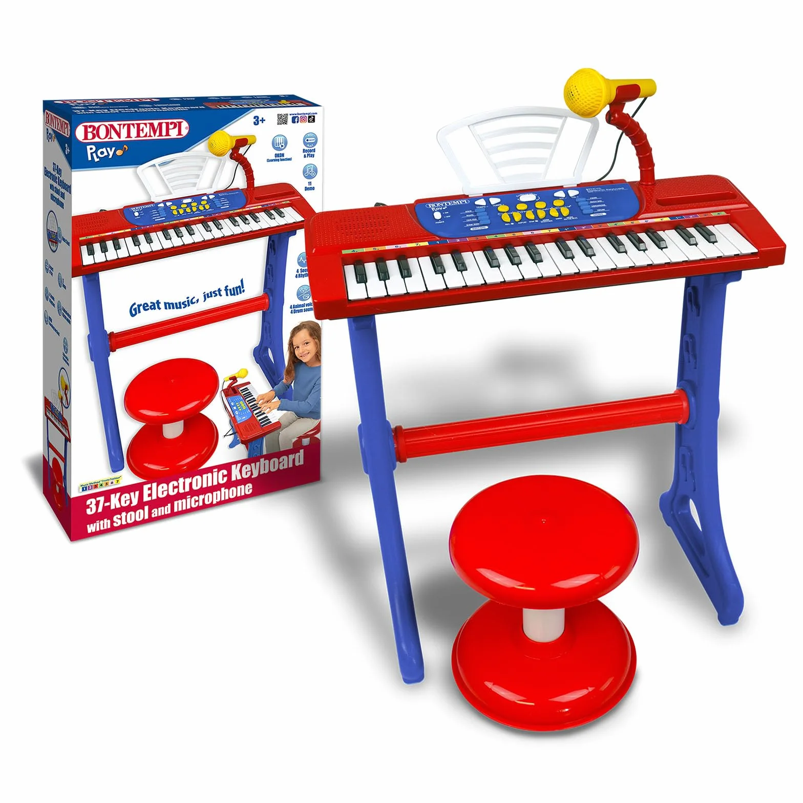 Bontempi | MiniKeyFun - 37 klawiszy zabawkowych klawiatura dla małych muzyków z mikrofonem, stołkiem i podstawką, niebiesko-czerwona, 54,4 x 32,9 x 15,9 cm