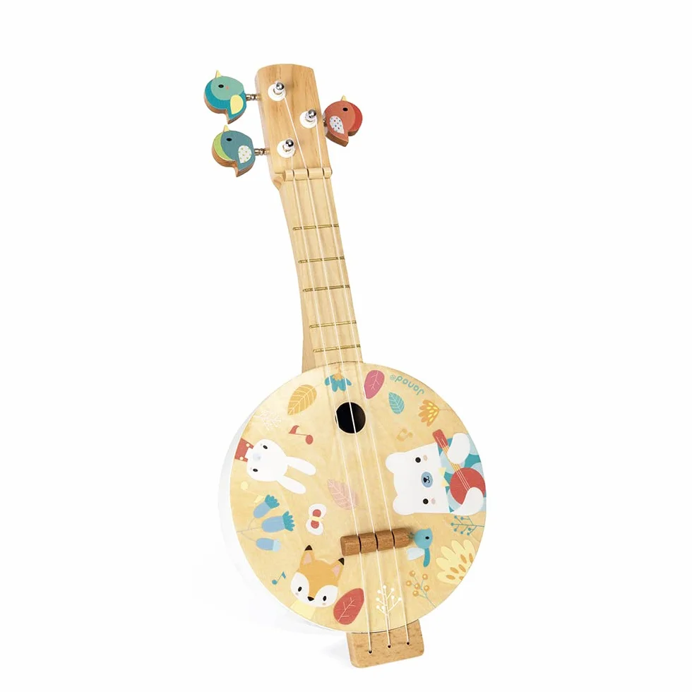 Janod - Wooden Pure Banjo - Printed with Pretty Illustrations, Water Based Paint - Bird-Shaped Tuning Keys - Imitation Toy - 3 Spare Cords - Banjo for Children - from 3 Years Old, J05160