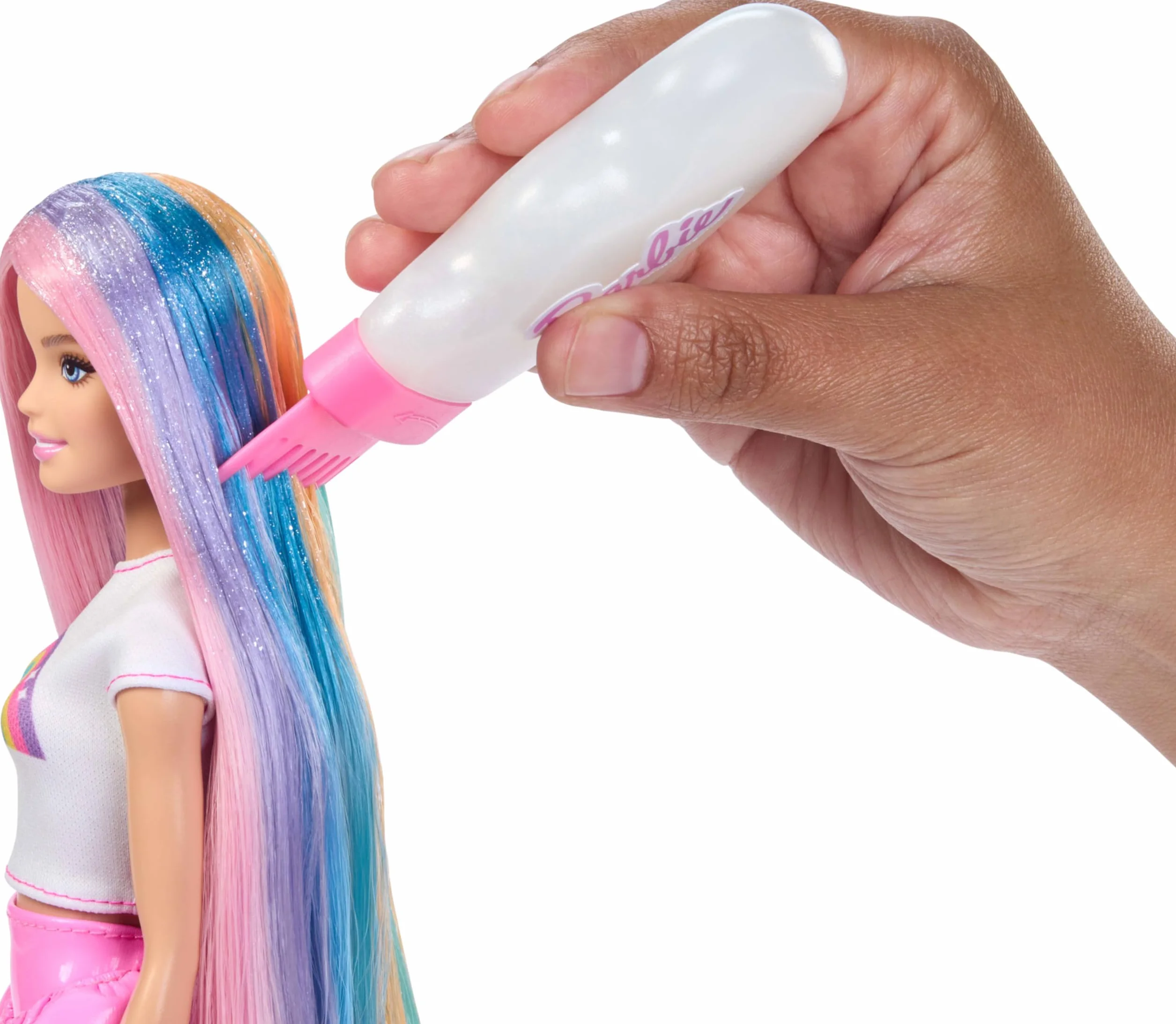 Barbie Lalka Tęczowe brokatowe włosy Zestaw, bardzo długie kolorowe włosy, 12 akcesoriów do stylizacji, w tym aplikator z brokatem, szczotka, spinki, suszarka do włosów, zabawka dla dzieci 3+, JJP07
