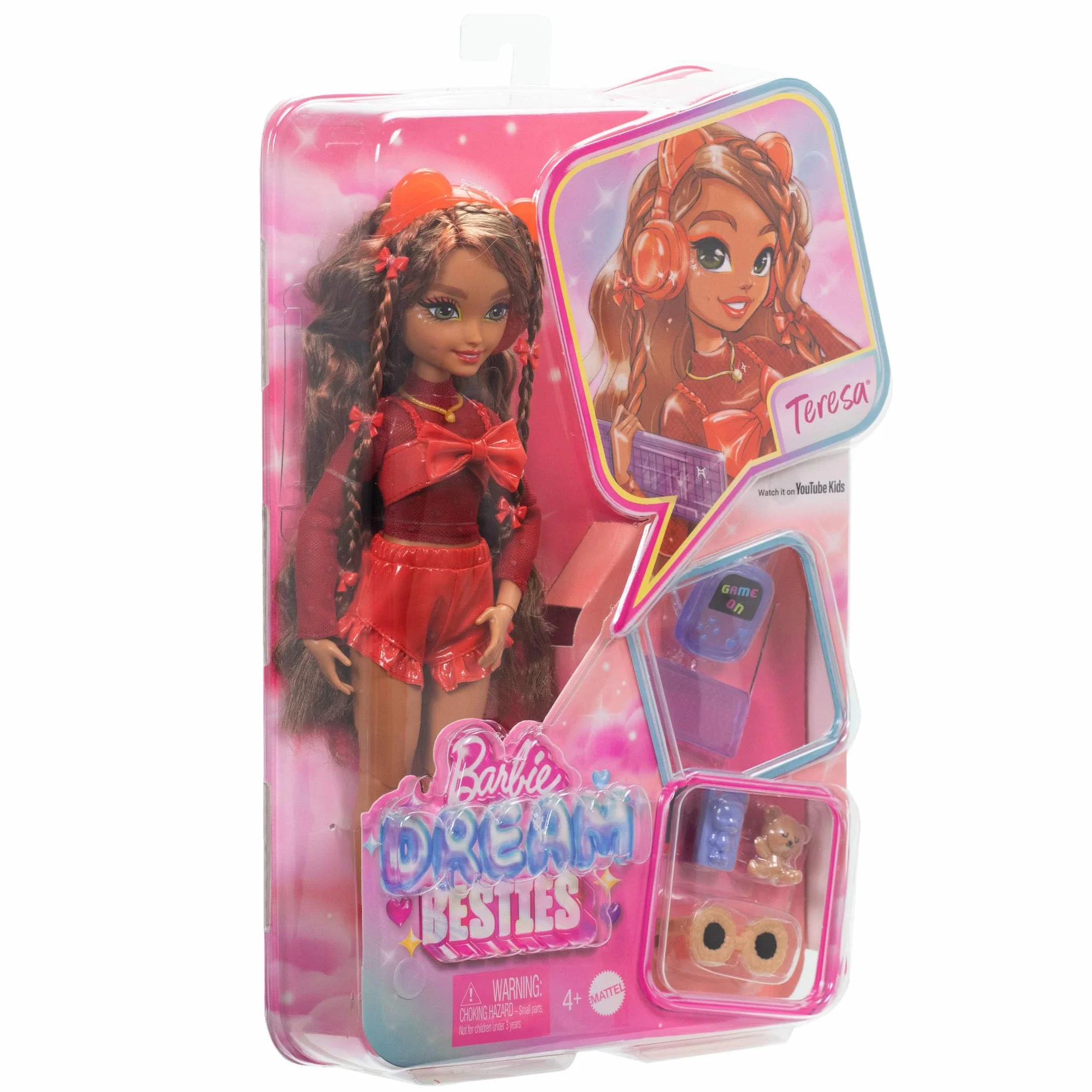 Barbie Dream Besties Lalka modowa Teresa do ustawiania w różnych pozach z brązowymi włosami, spinkami do włosów i 8 akcesoriami z motywem gier, HYC23