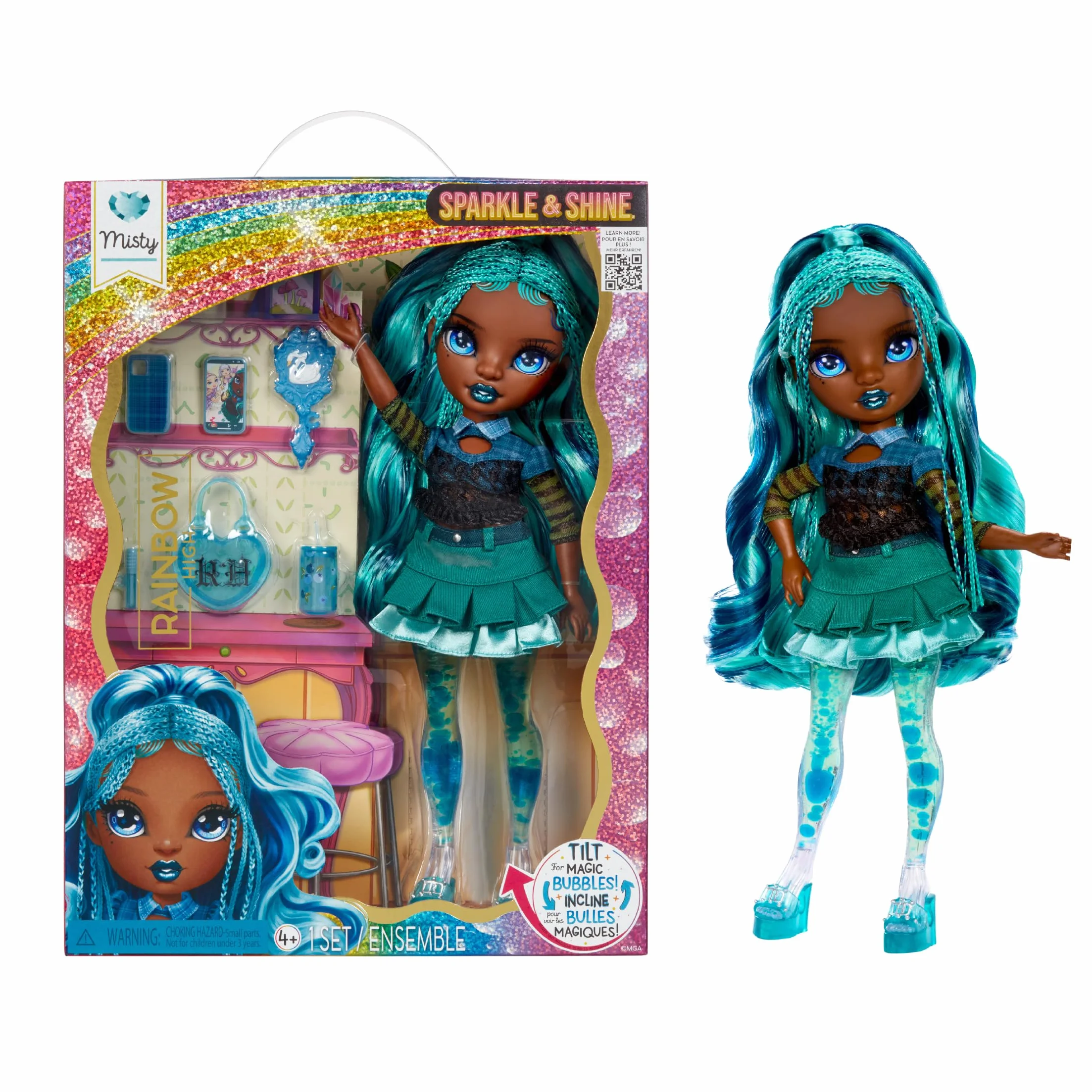 Rainbow High Sparkle & Shine Doll - Misty - 28 Cm Modna Lalka z Niebieskimi Włosami i Magicznymi Bąbelkami w Nogach. Koloruj, Stylizuj,Baw się i Kolekcjonuj, Dla Dzieci w Wieku od 4 do 12+ Lat
