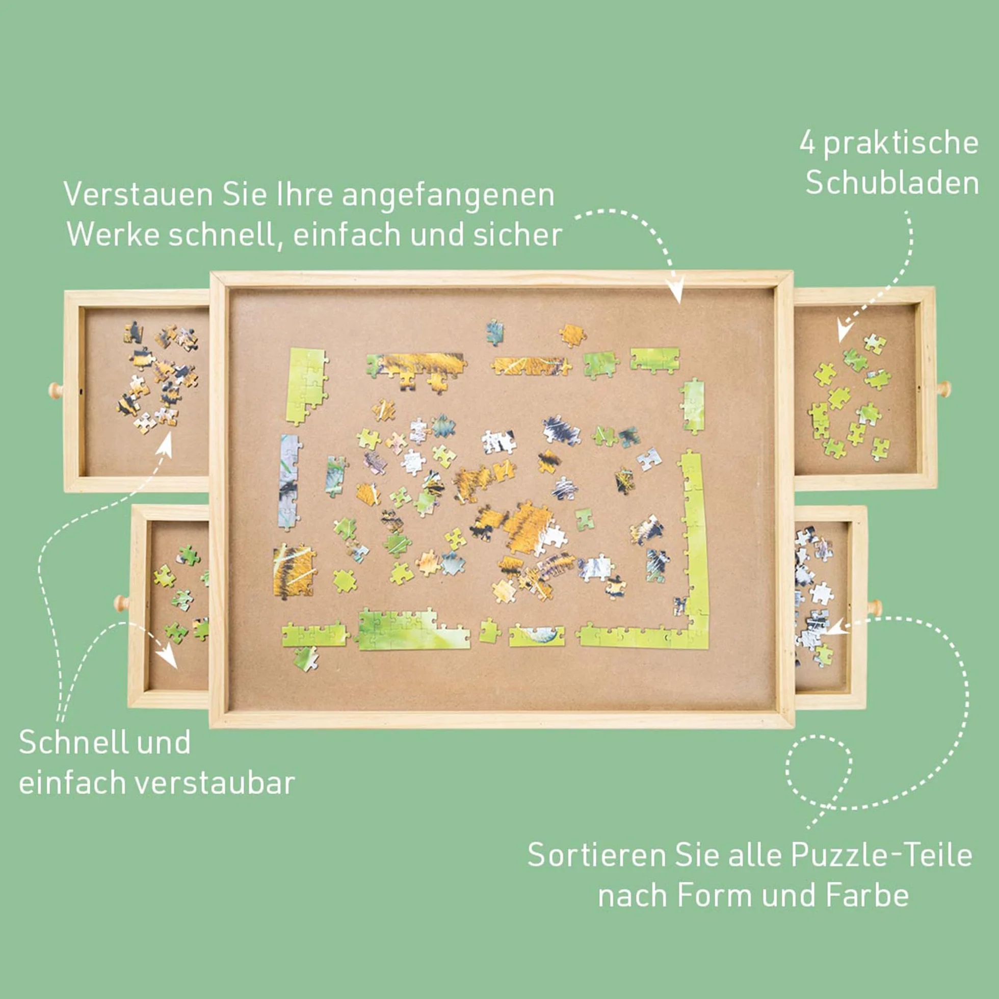 Mediashop Puzzle stół do 500 elementów – z 4 wysuwanymi szufladami – deska do puzzli z drewna – miejsce i porządek dla maksymalnej zabawy z puzzlami – łatwy montaż – zabawa dla dorosłych i dzieci
