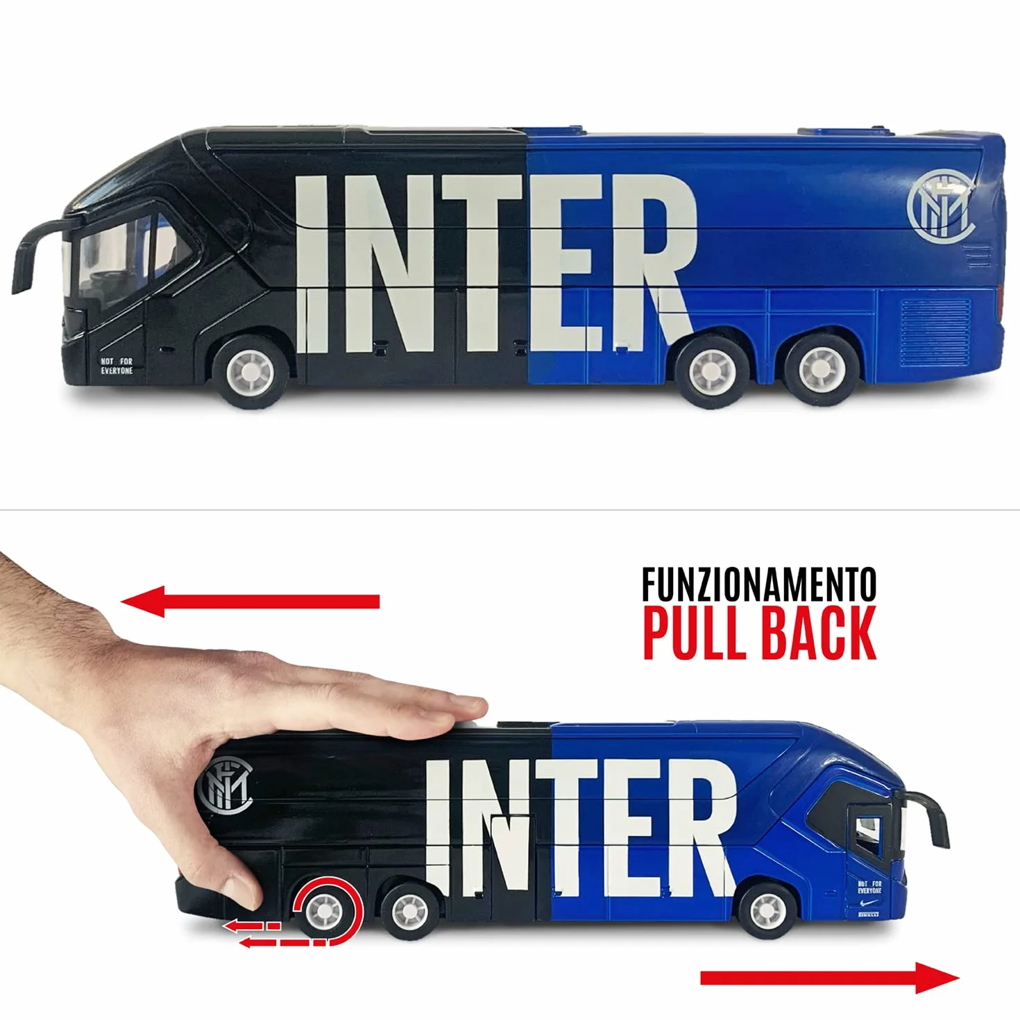 Mondo Motors - Pullman F.C. International Milano - Zabawkowy model - Bus z tylnym sprzęgłem wyciągowym - Kolor czarny jasnoniebieski - 51214