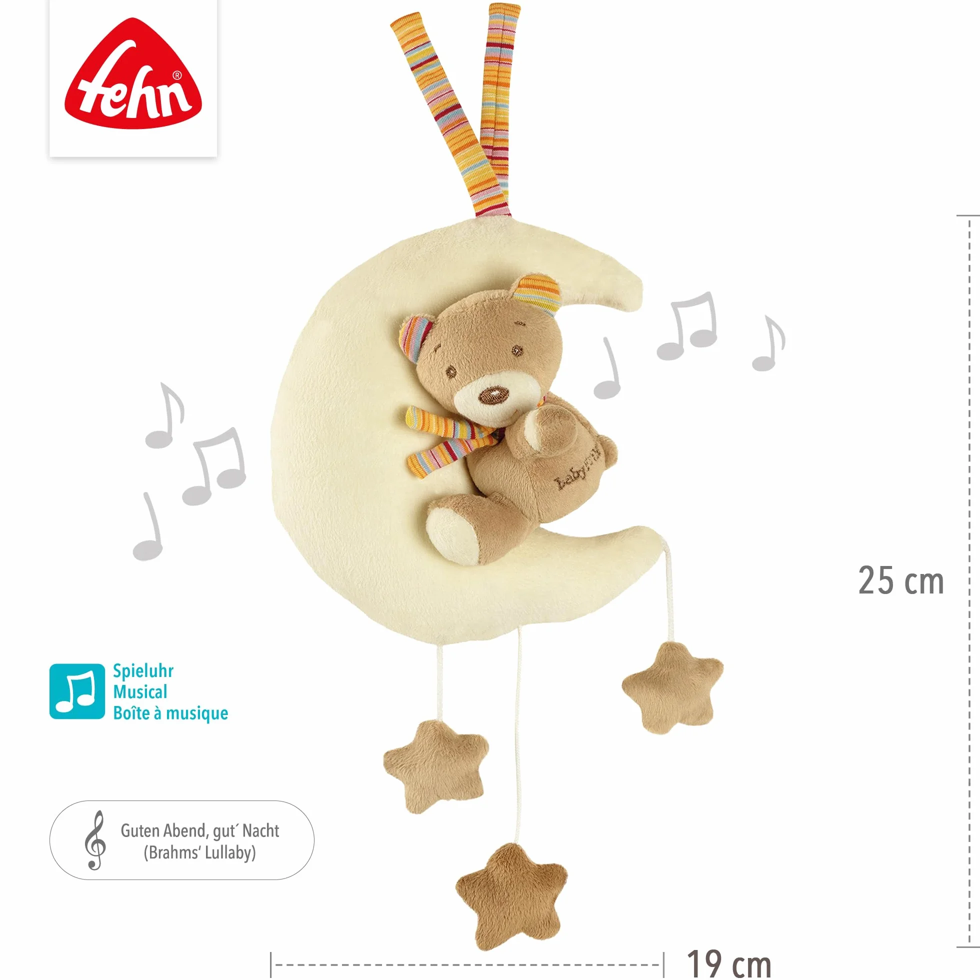 Fehn 160185 Pozytywka Miś w Księżycu z możliwością prania - melodia Kołyska Brahms dla niemowląt od 0 miesięcy