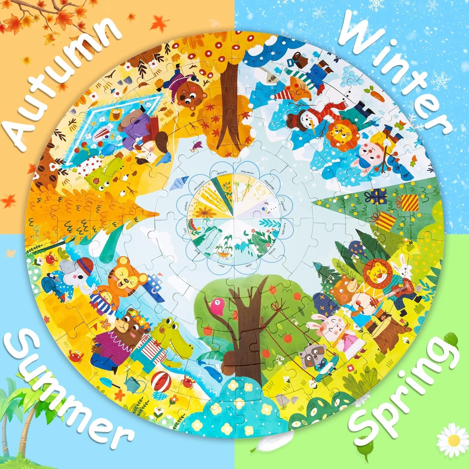 Puzzle Podłogowe, 88 Kawałek Puzzle Cztery Pory Roku Leśne Zwierzęta, Puzzle dla Dzieci w Wieku od 3-letnim i Wyższym Kartonowe, Puzzle Podlogowe Prezenty Urodzinowe dla Dzieci