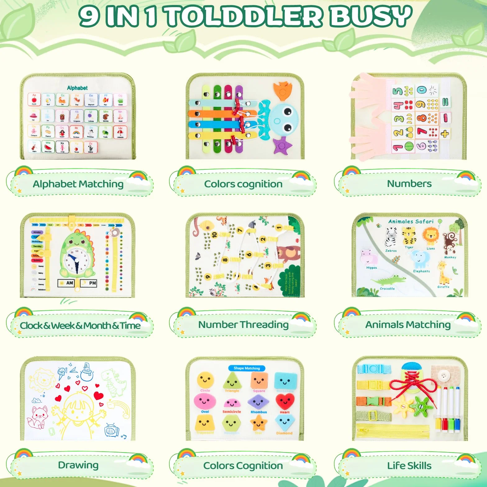 Busy Board, Quiet Book Montessori zabawka dla dzieci od 3, 4, 5, 6 lat, 9 w 1, zabawka motoryczna, zabawka sensoryczna, zabawka edukacyjna, książka o aktywności, zabawka podróżna, prezent dla chłopców