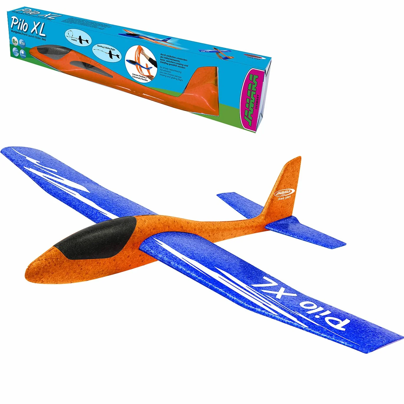 JAMARA 460485 – ślizgacze piankowe 2 w 1 – Pilo XL – super lekkie (160 g), prawie niezniszczalne, przestawiana wysokość do pętli lub poślizgu, rozpiętość skrzydeł 86 cm