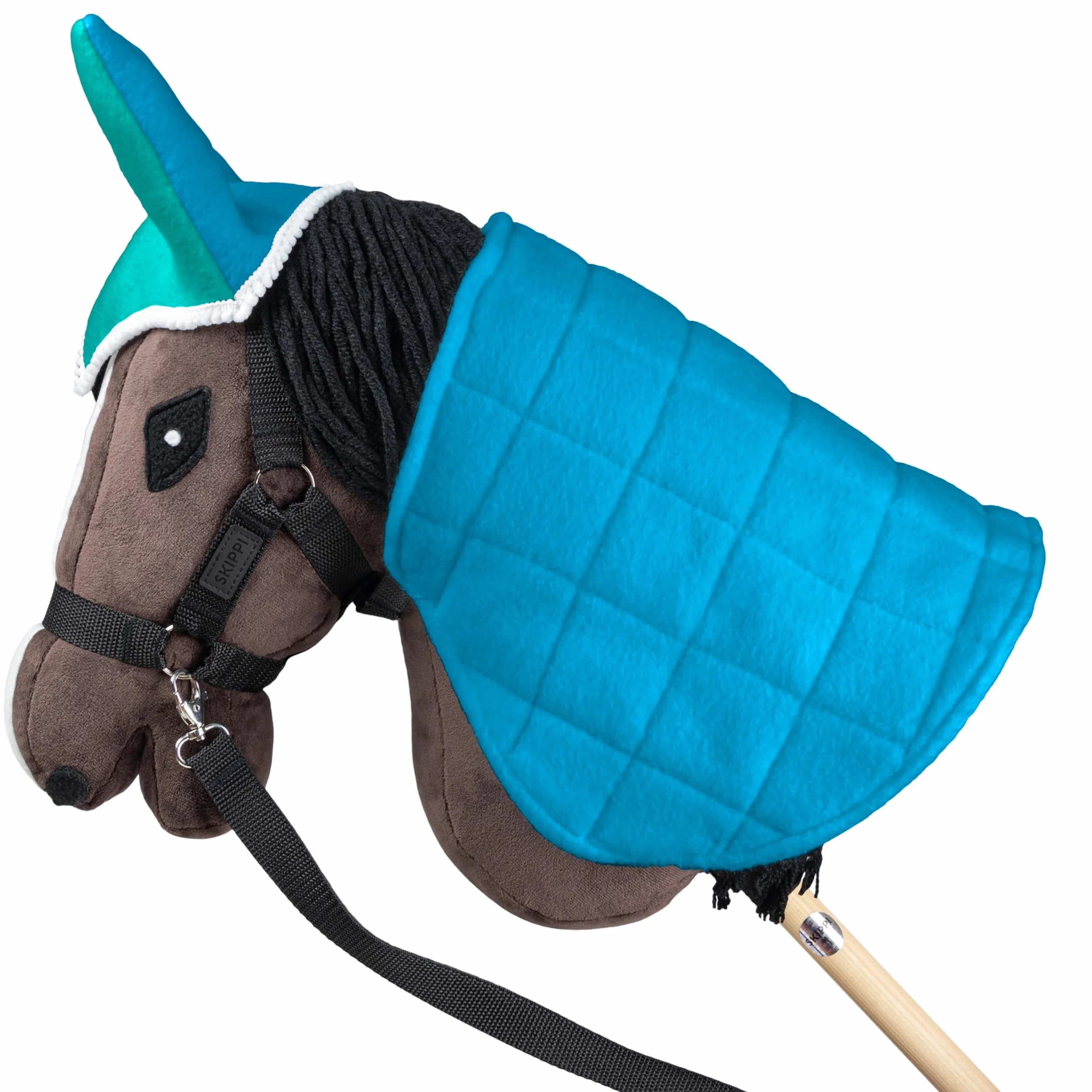 SKIPPI Zestaw Derka i Nauszniki dla Hobby Horse - Mięta i Niebieski, Dwustronna Derka z Polaru, Akcesoria dla Konia na Kiju, Regulowane Zapięcie na Szyi, dla Większości Koni A3 i A4