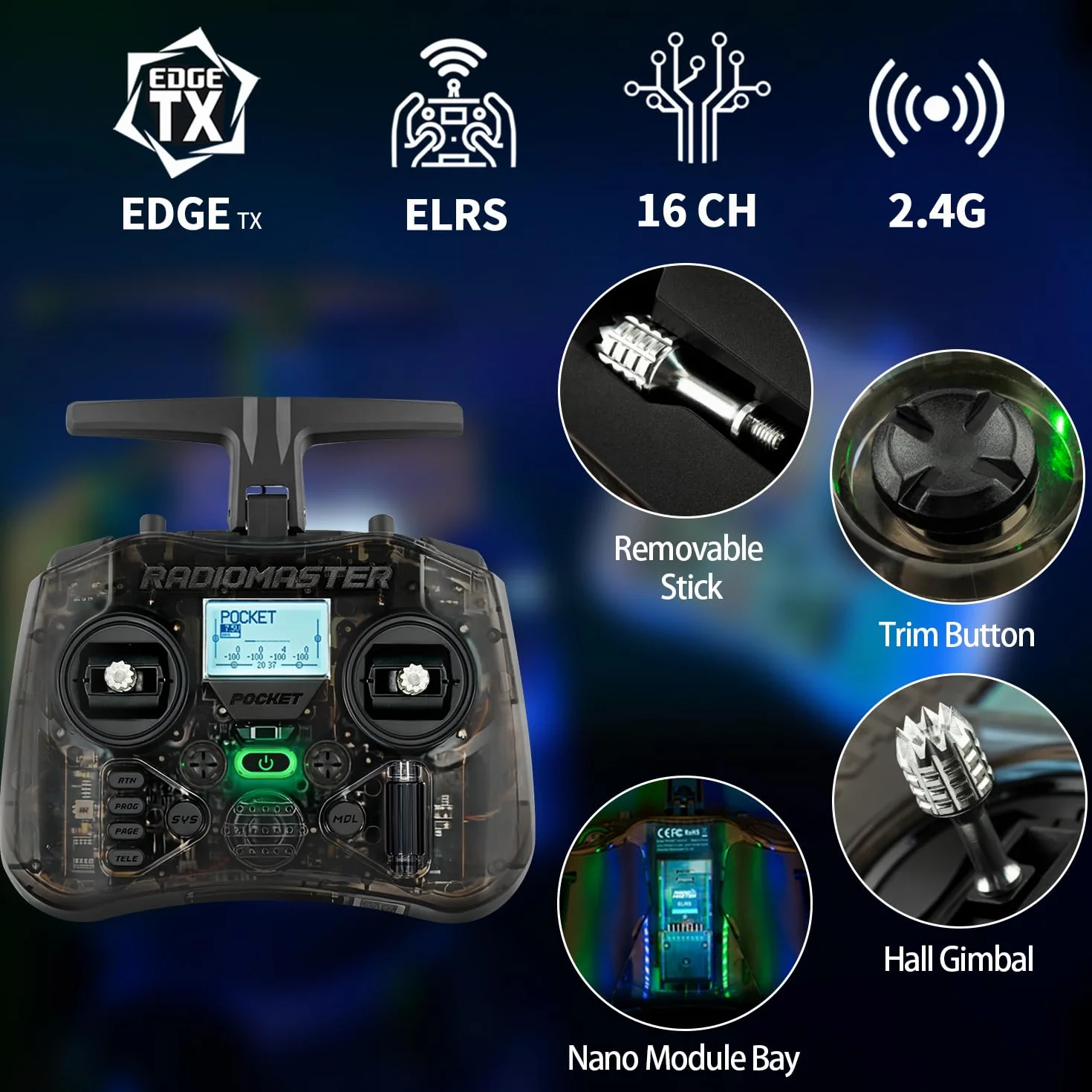 Radiomaster Pocket Hall Nadajnik Kieszonkowy ELRS Pilot Zdalnego Sterowania Tryb 2 Węgiel Drzewny