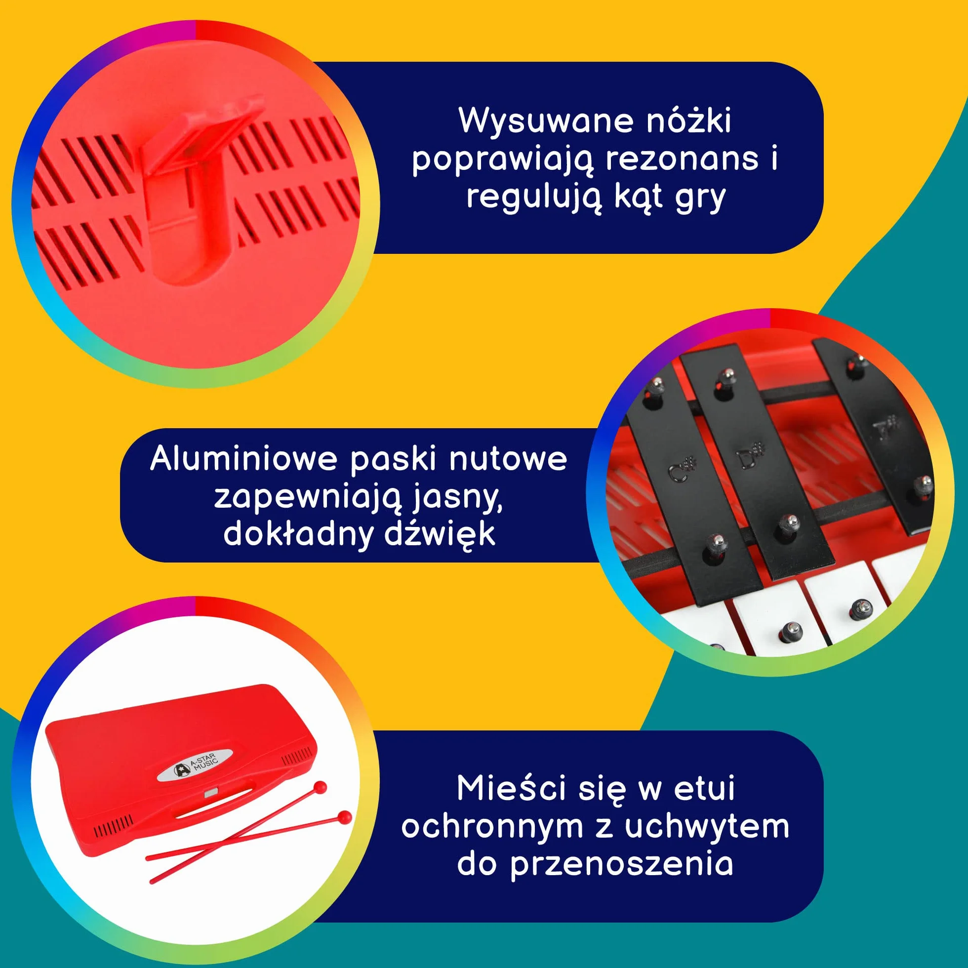 A-Star 25 Note Soprano Chromatic Glockenspiel Ksylofon w czerwonym etui z czarno-białymi klawiszami i dwoma plastikowymi bijakami - 2 oktawy G5 do G7