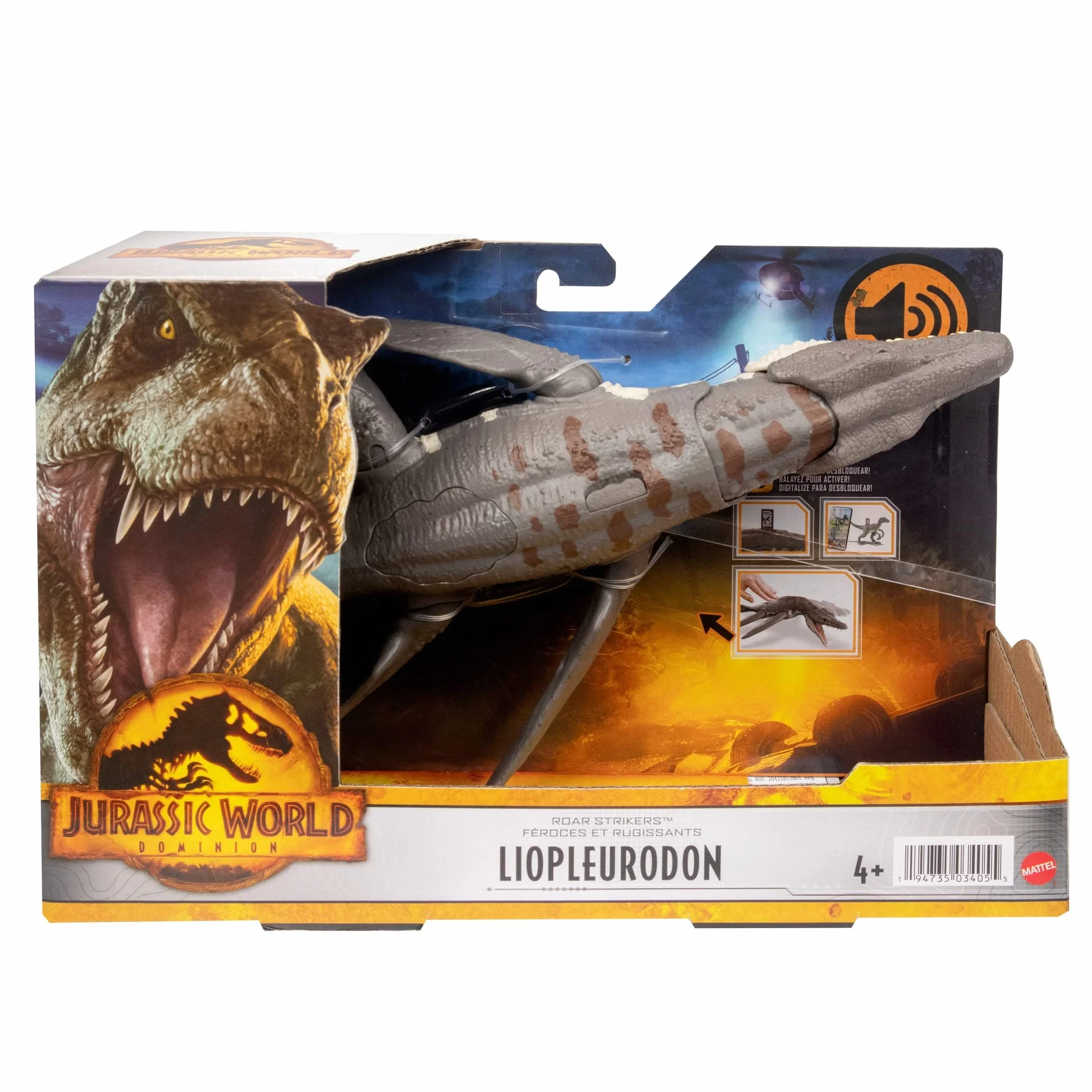 Jurassic World Dominion Ryczący dinozaur Dziki ryk Liopleurodon Figurka wodnego dinozaura z funkcją ataku i dźwiękiem, zabawka na prezent, zabawa fizyczna i wirtualna, HDX38