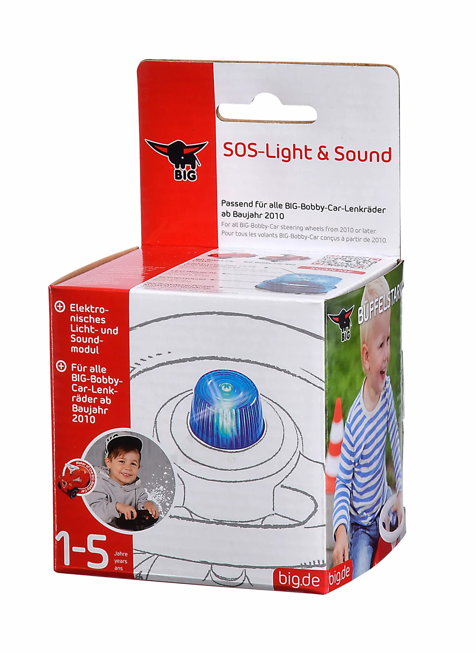 BIG – SOS-Light & Sound – akcesoria Bobby Car pasują do wszystkich kierownic Bobby Car z wkładką klaksonową od roku produkcji 2010, dźwięki syreny i światło migające, dla dzieci od 1 roku życia