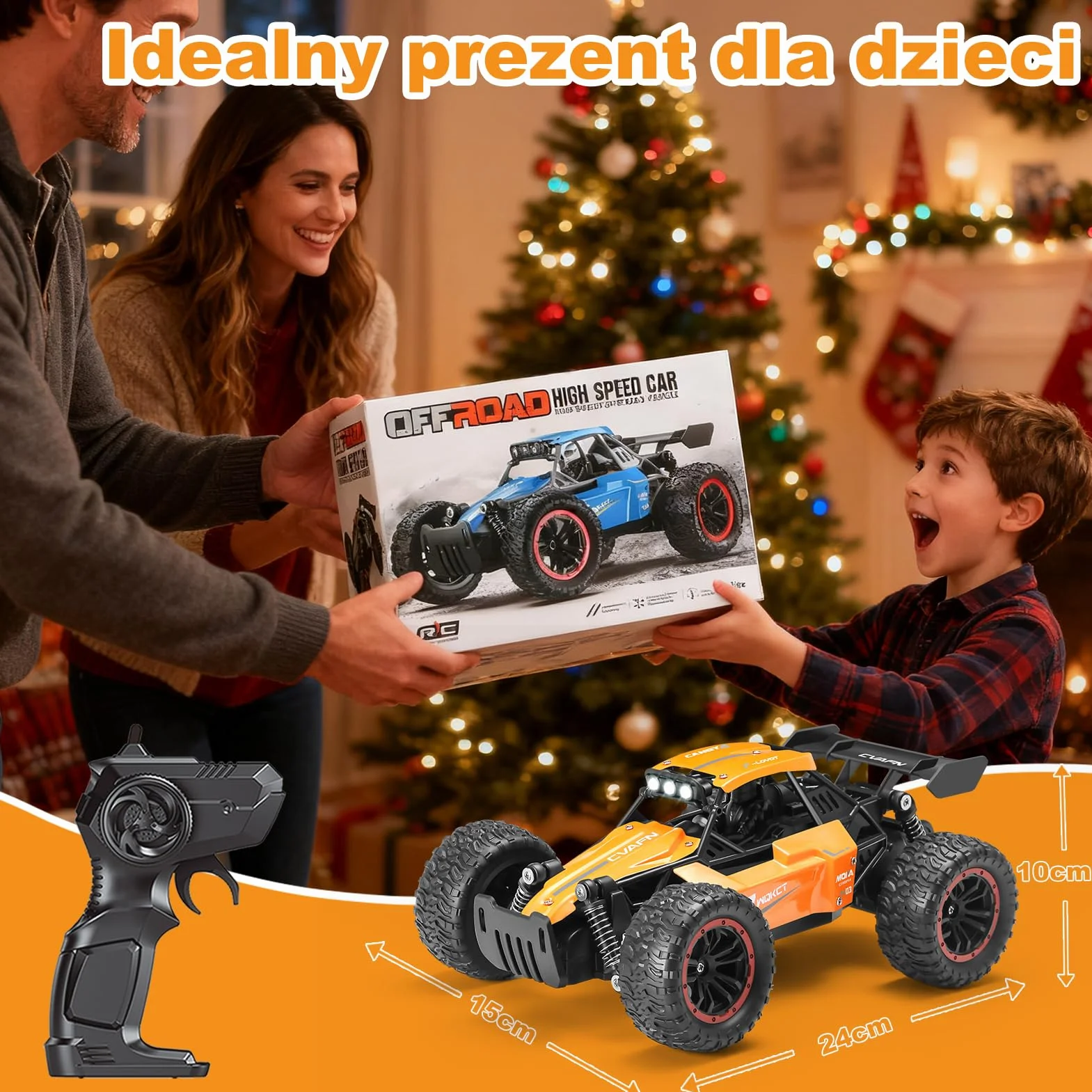 Jiakora Zdalnie sterowany samochód dla dzieci, 2,4 GHz Off-Road, samochód RC ze światłem LED, zdalnie sterowany monstertruck, samochód terenowy z 2 bateriami, samochód zabawkowy, prezent dla chłopców