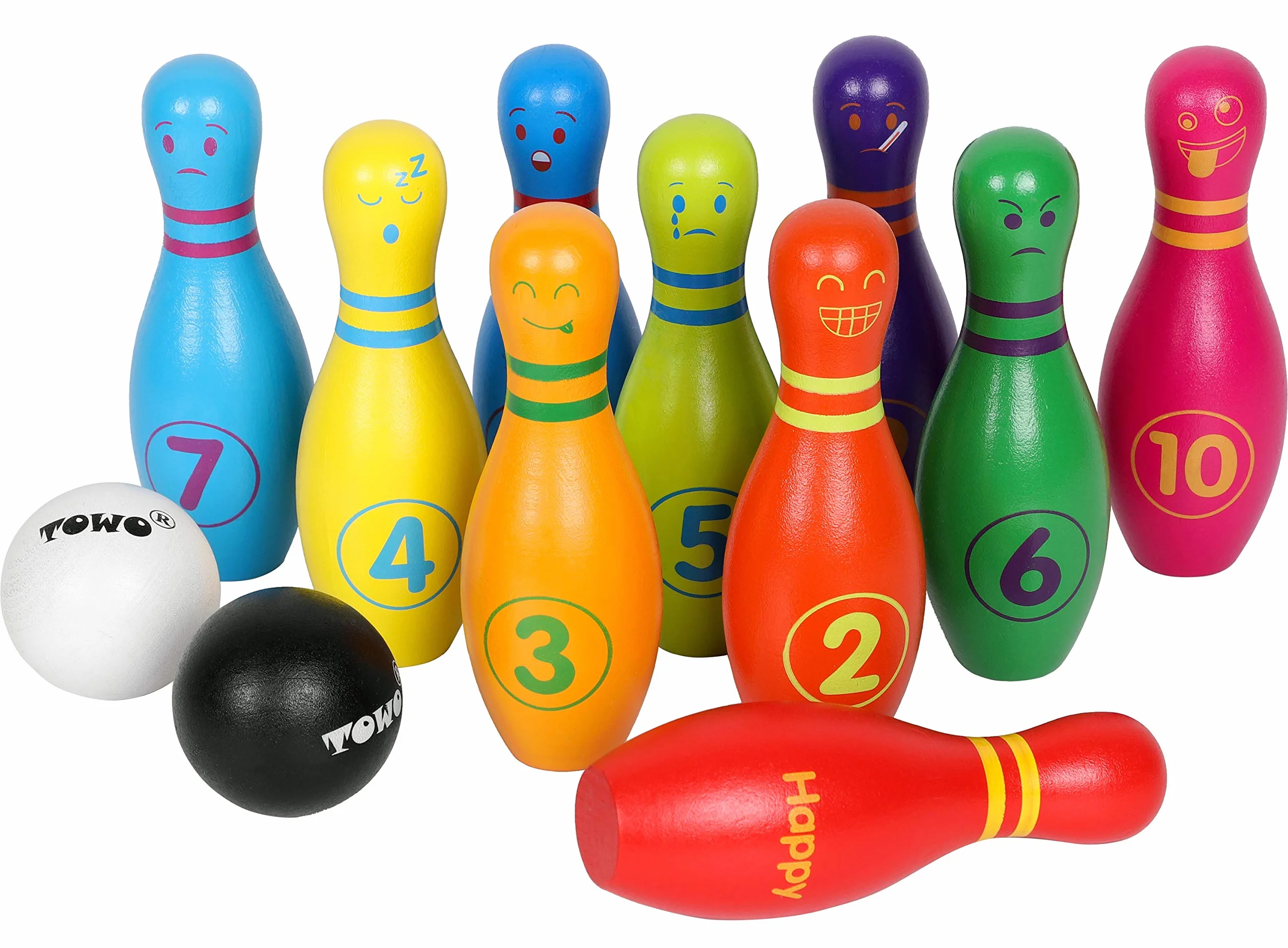 TOWO Skittles drewniane dla dzieci - drewniane Skittle Set z twarzy emocji i numery - 10 Pin Bowling Zestaw dla dzieci kryty i zabawki ogrodowe - drewniane zabawki dla 2 lat Maluch