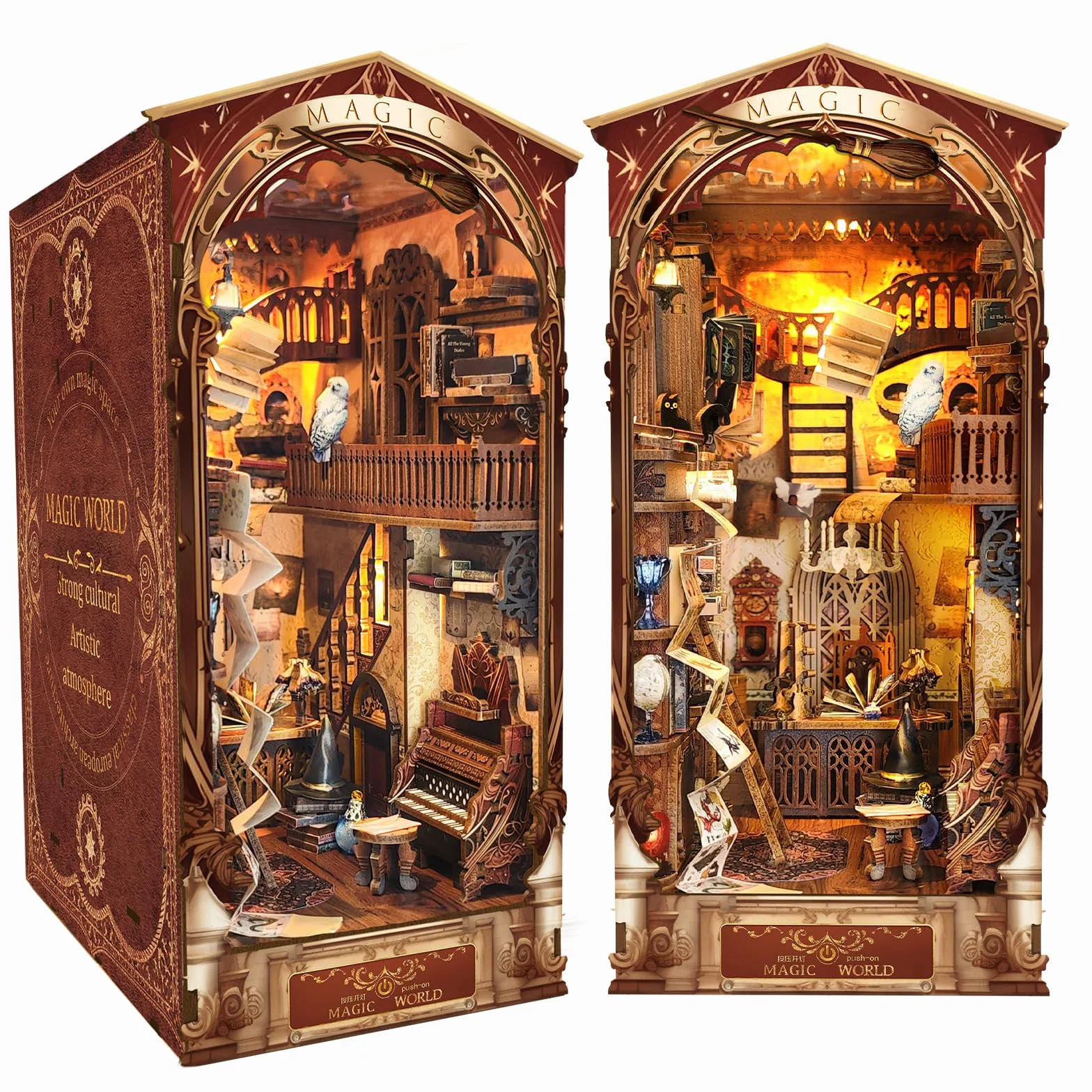 Kącik do książek DIY zestaw, MOJINO domek dla lalek drewniany narożnik do książek miniaturowy zestaw domowy z meblami i światłem LED magiczny świat puzzle 3D drewniane (magiczny świat)