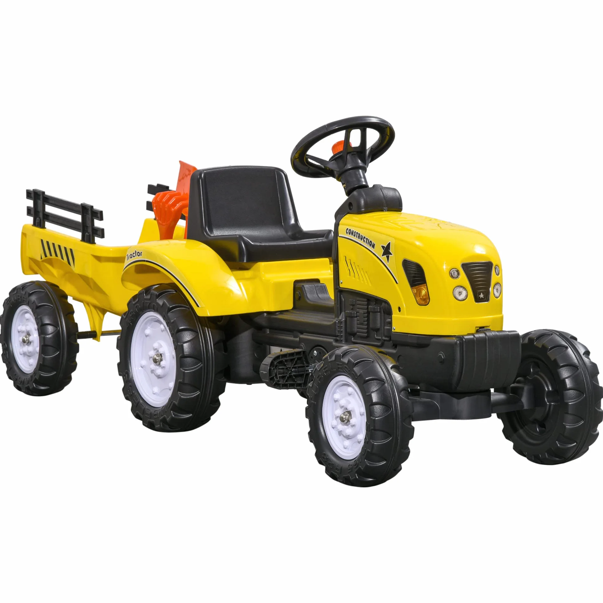 HOMCOM Traktor pedałowy z przyczepą, traktor pedałowy, dla dzieci od 3 lat, do użytku na zewnątrz, do ogrodu, metalowy, żółty, 133 x 42 x 51 cm