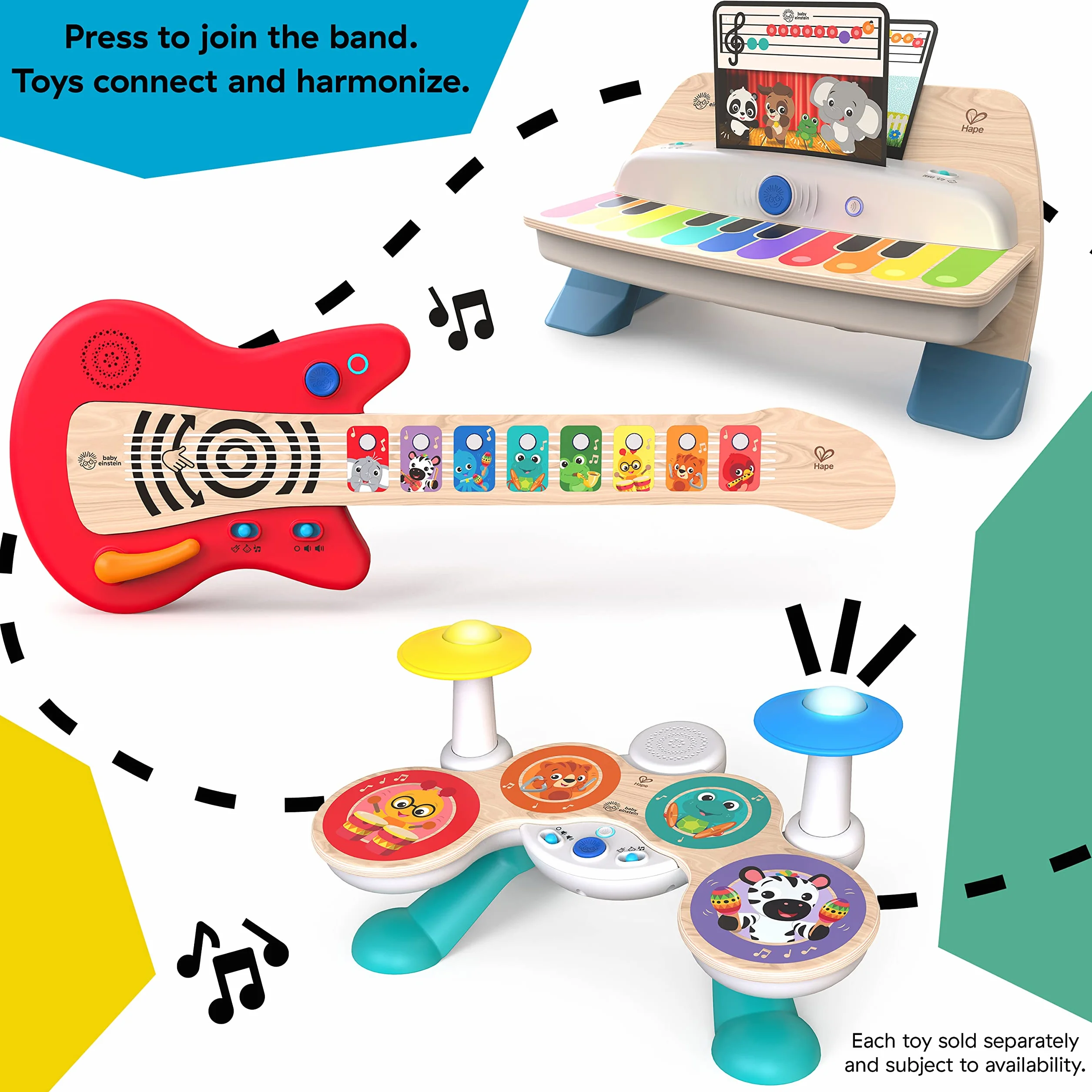 Baby Einstein Bateria Together in Tune, Connected Magic Touch, 4 tryby gry i 10 melodii, regulacja głośności, drewniana zabawka, od 12 miesięcy