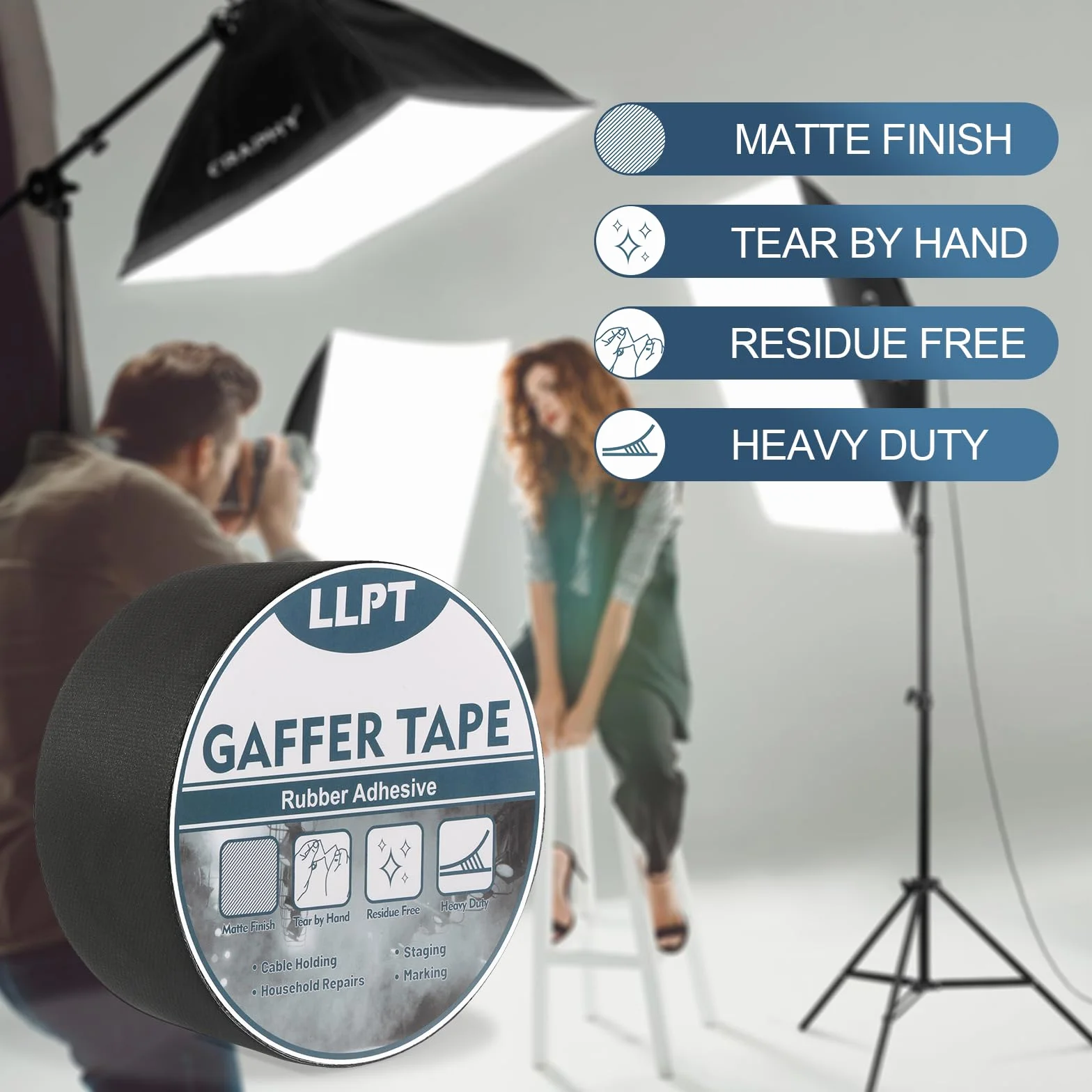 LLPT Taśma Gaffers PGT51BK profesjonalna klasa, czarna, 50 mm x 15 m, matowa, nieodblaskowa, łatwa do rozdarcia, odporna na uszkodzenia, wytrzymała, do fotografowania sznurków