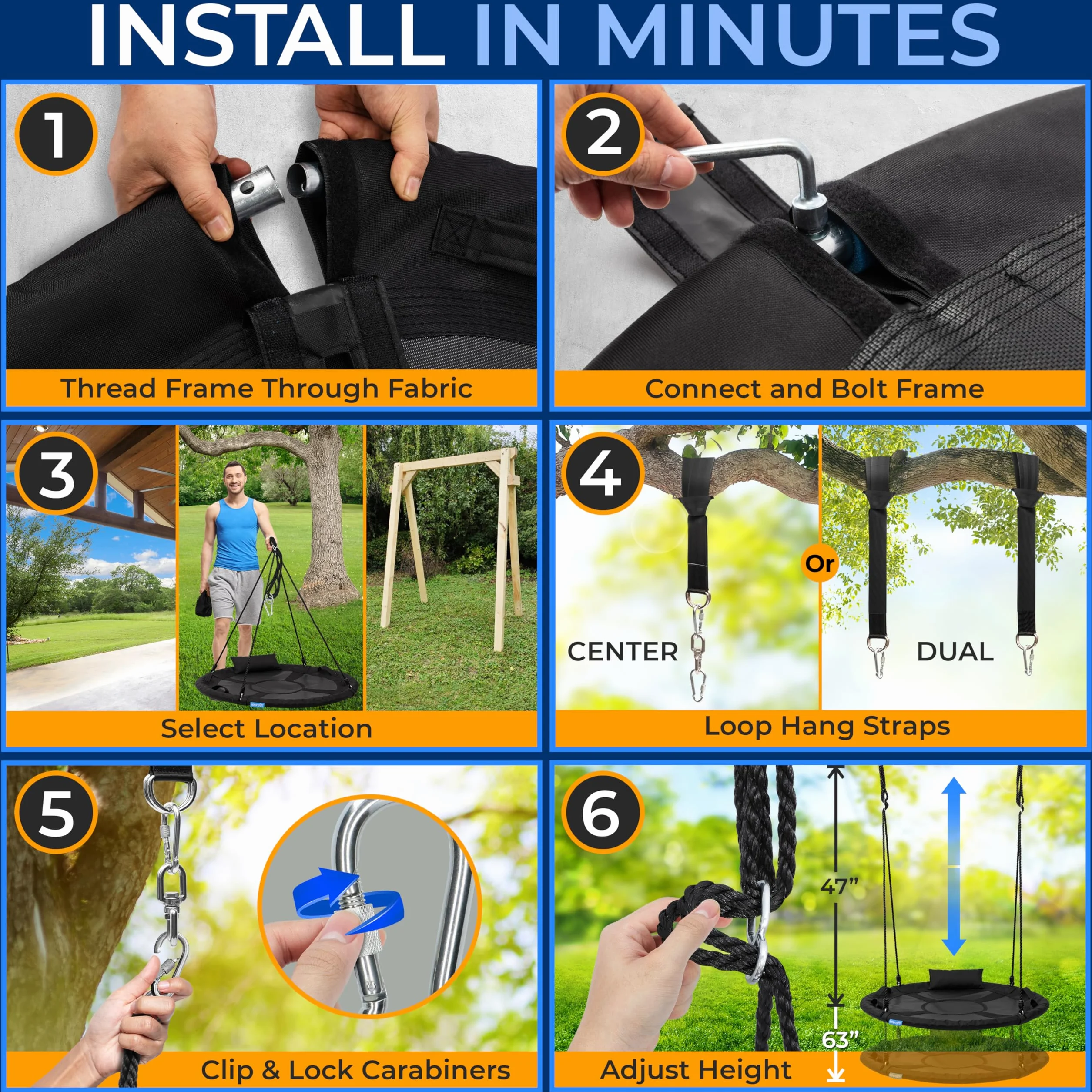 SereneLife 40" Saucer Swing - Outdoor Swing Set with Universal Hanging Kit, Swinging Seat Spinner with Pillow & Carry Bag, Weatherproof, Water-Resistant, Supports Up to 700 lbs, Black