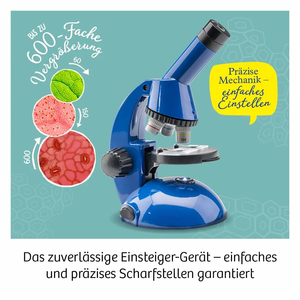 KOSMOS 616984 Entdecker-Mikroskop, Präparate vergrößern und Naturwissenschaften entdecken, Experimentierkasten mit mehrsprachiger Anleitung (DE, EN, FR, IT, ES, NL), ab 8 Jahren, MINT Spielzeug