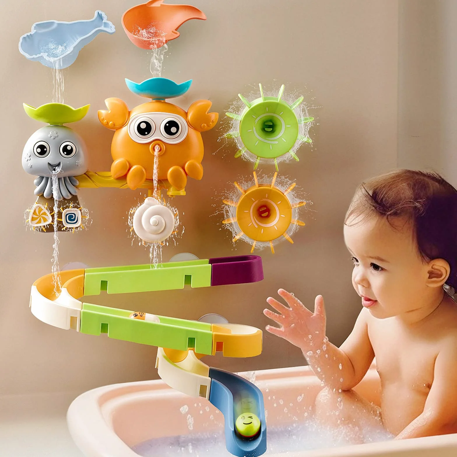 OR OR TU Zabawki do kąpieli dla dzieci , Toddler Kids Zabawka do kąpieli z przyssawkami Zabawka do kąpieli Slide Track, Młyn wodny Obracające się zabawki wodne Baby Bath Shower Swimming Toys
