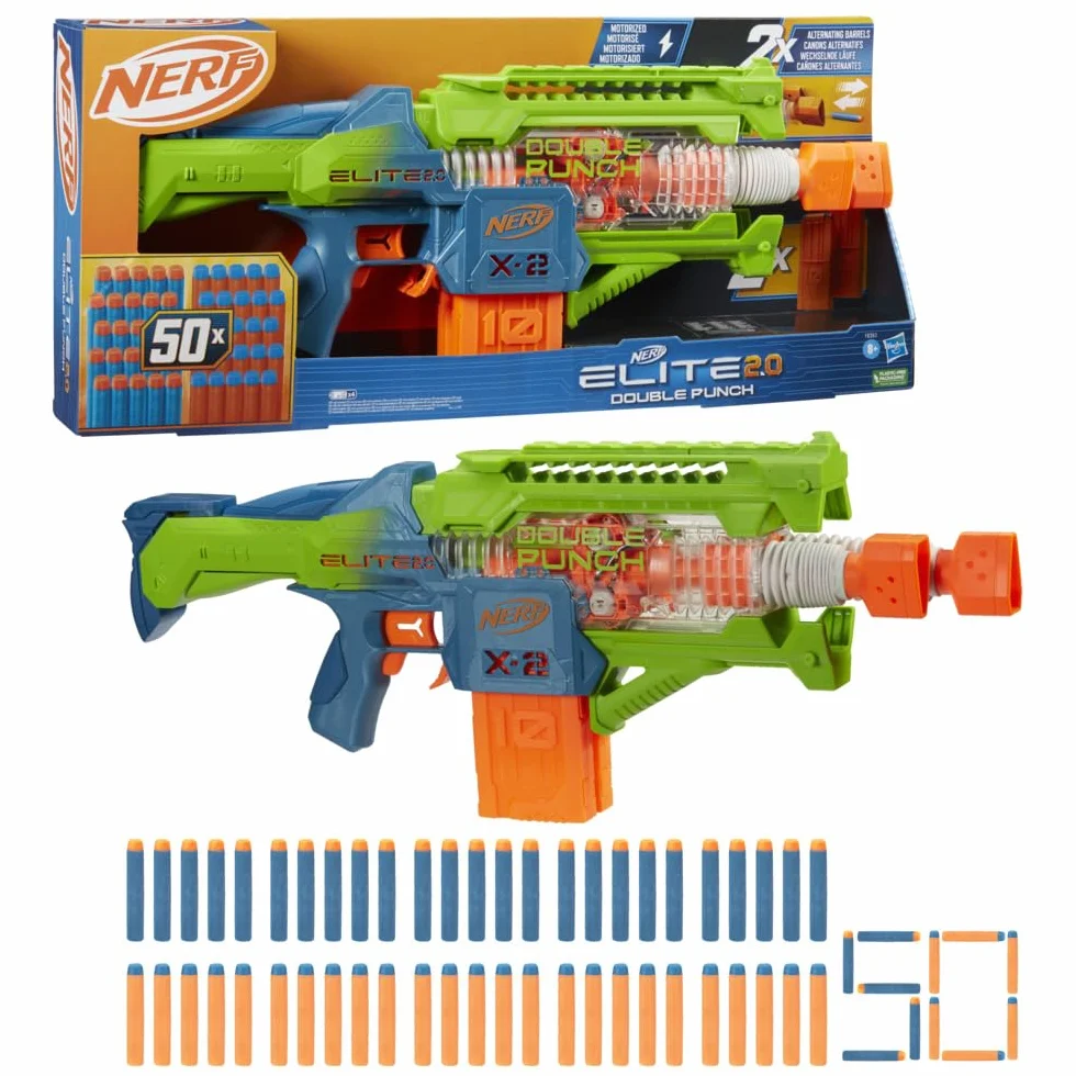 Zautomatyzowana wyrzutnia strzałek Nerf Elite 2.0 Double Punch, szybko zmieniające się lufy, 50 strzałek Nerf Elite, dwa 10-strzałkowe magazynki, wiek: od 8 lat