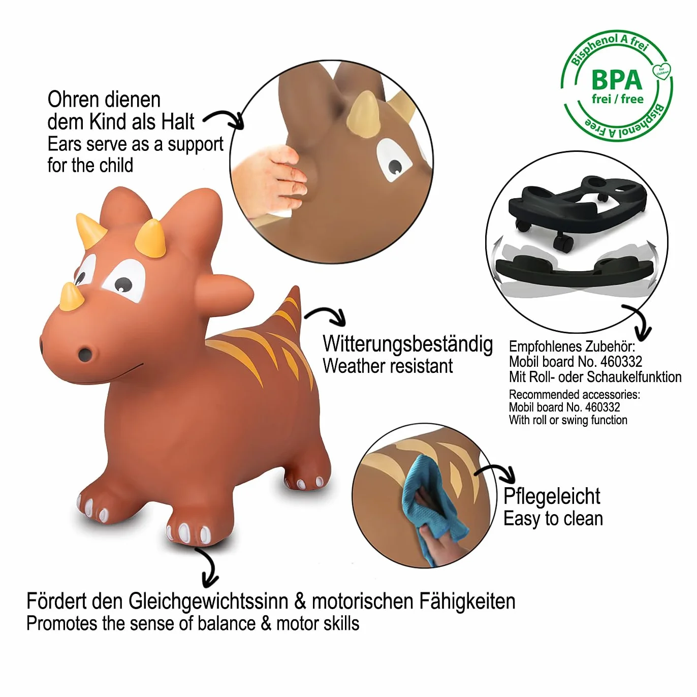 JAMARA 460591 - Dino z pompką, nie zawiera BPA, do 50 kg, wspomaga zmysł równowagi i zdolności motoryczne, uszy zwierząt służą jako trzymanie, wytrzymałe i wytrzymałe, łatwe w utrzymaniu