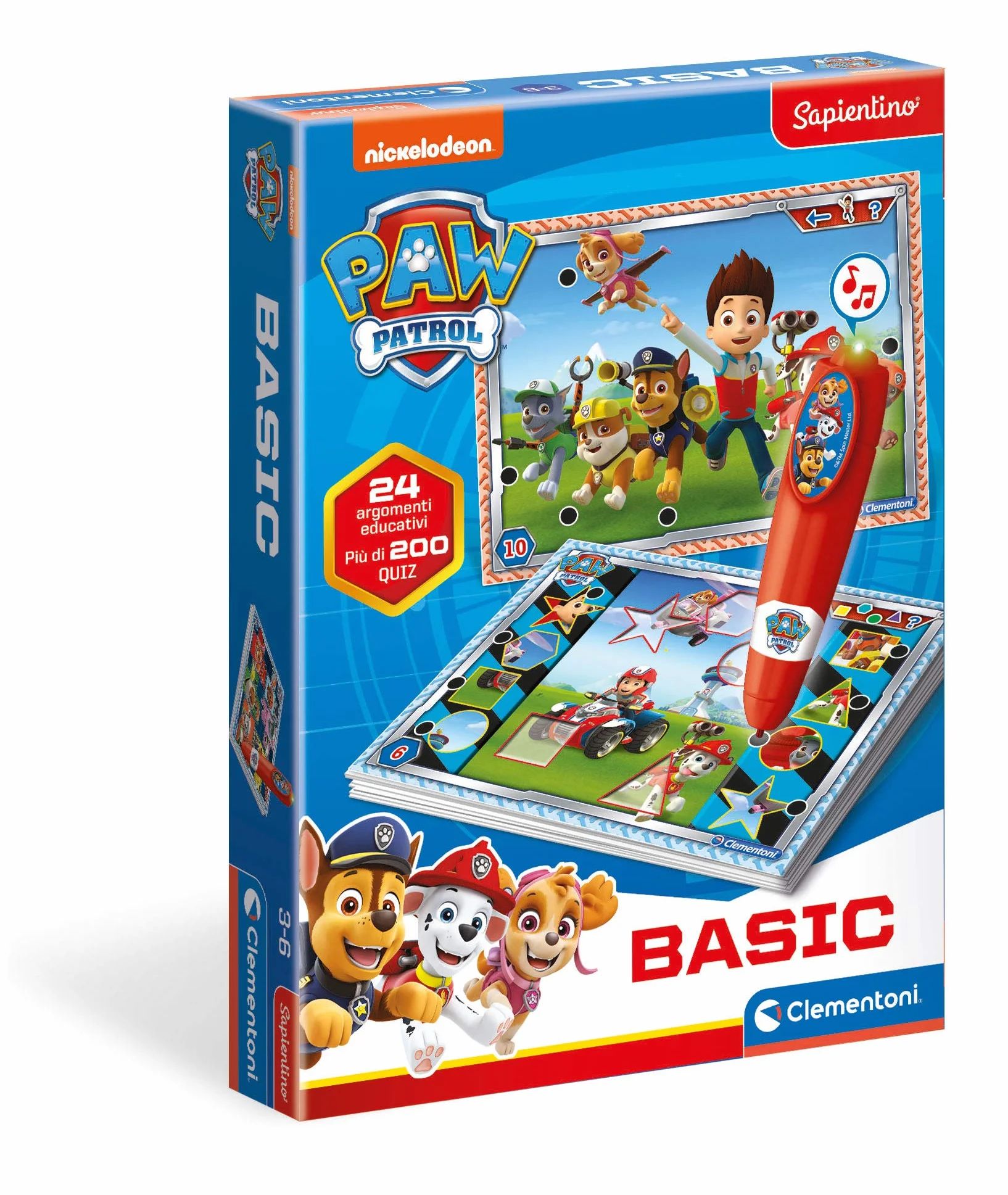 Clementoni Sapientino Basic Paw Patrol-Elektroniczna gra edukacyjna z interaktywnym piórem, Dzieci 3 lata+ (Wersja włoska), Made in Italy, Wielobarwny, 16334
