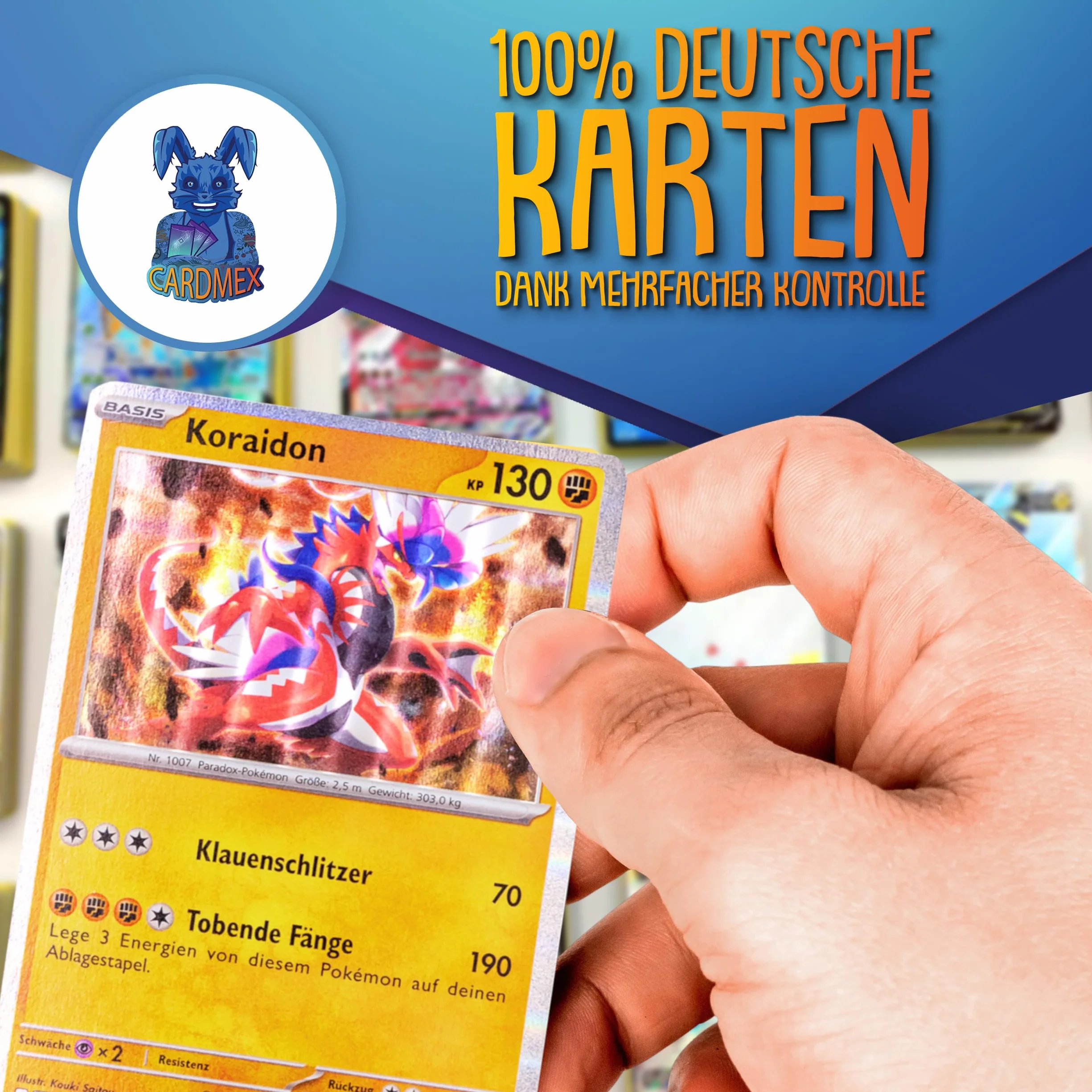 Cardmex Zestaw kart kolekcjonerskich Mega Mix – 50 różnych kart Monster & Trener w foliowych woreczkach kompatybilnych z kartami Pokémon – w zestawie 4 gwarantowanych kart Holo/Reverse Holo