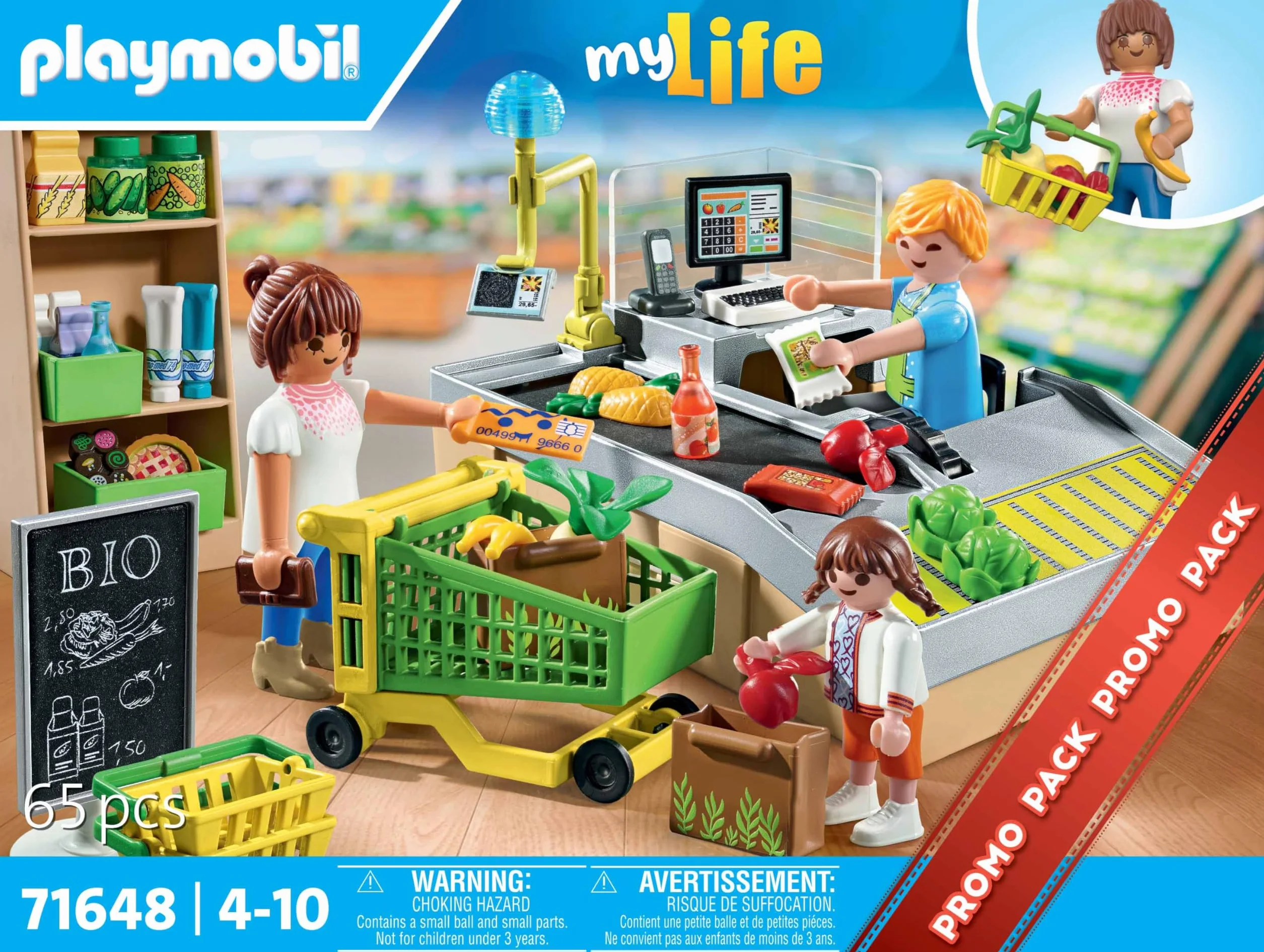 PLAYMOBIL MyLife Promo Pack 71648 Ekologiczny supermarket, zestaw z serii Promo Packs, w zestawie kasa sklepowa z taśmą, wózek na zakupy oraz trzy figurki, zestaw odpowiedni dla dzieci od 4 roku życia
