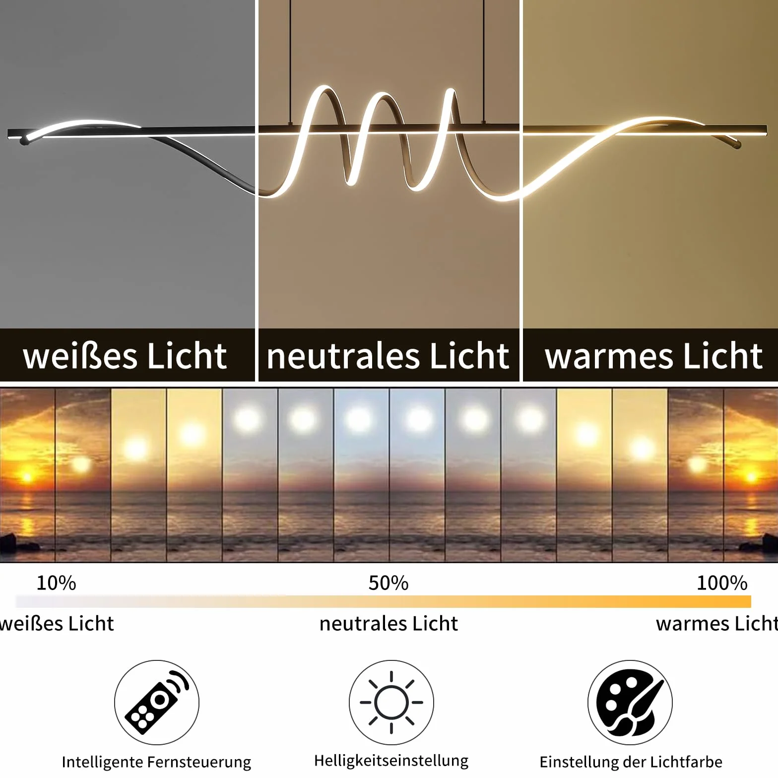 Mikeru Nowoczesna lampa LED, 150 cm, spiralne wiszące z funkcją pamięci, czarna LED do jadalni, 10-100%, 3000 K/4500 K/6000 K, do kuchni, wnętrz