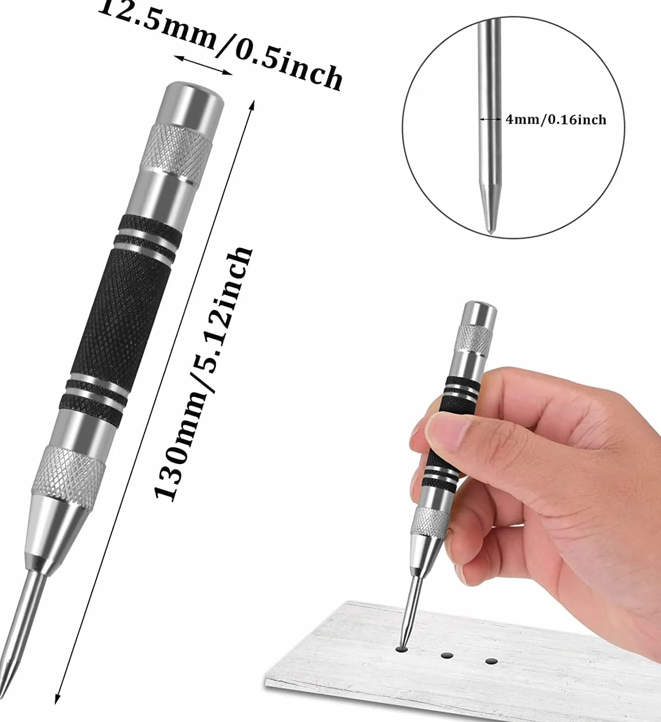 WuGU 2 sztuki z automatycznym ostrzem, 130 mm, regulowany automatyczny stempel udarowy, z centralną sprężyną, w zestawie z 2 metalowymi głowicami wymiennymi, do drewna, ściany, plastiku, metalu, szkła