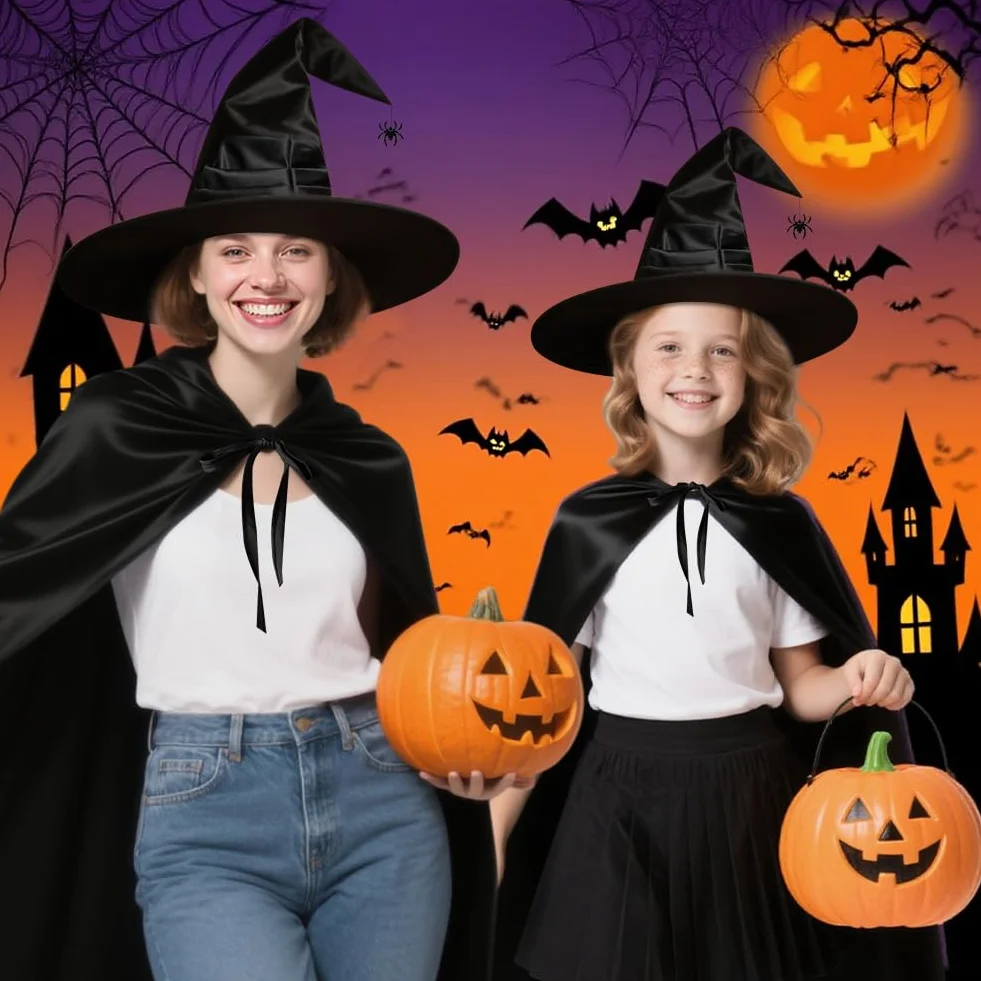 AUYAO Kostium czarownicy, damski kostium czarownicy, kompletny zestaw z peleryną z kapturem/kapeluszem pająka, peleryna na Halloween, kostium dla dorosłych, kobiet i mężczyzn, na Halloween, karnawał
